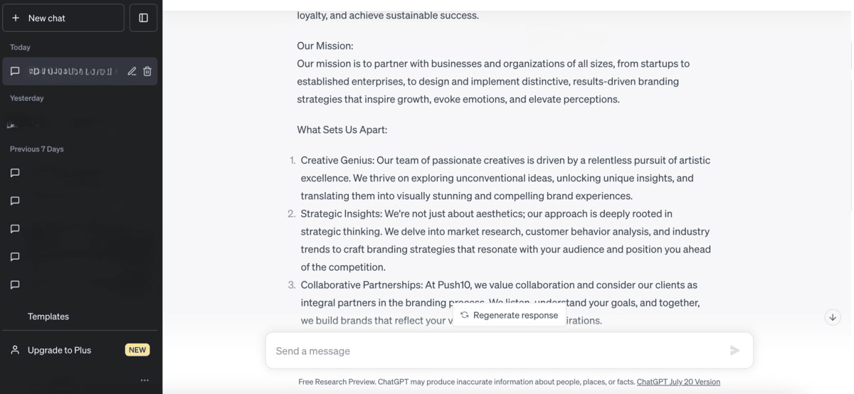 ChatGPT Preview of AI Content Creation for Push10 Branding Agency