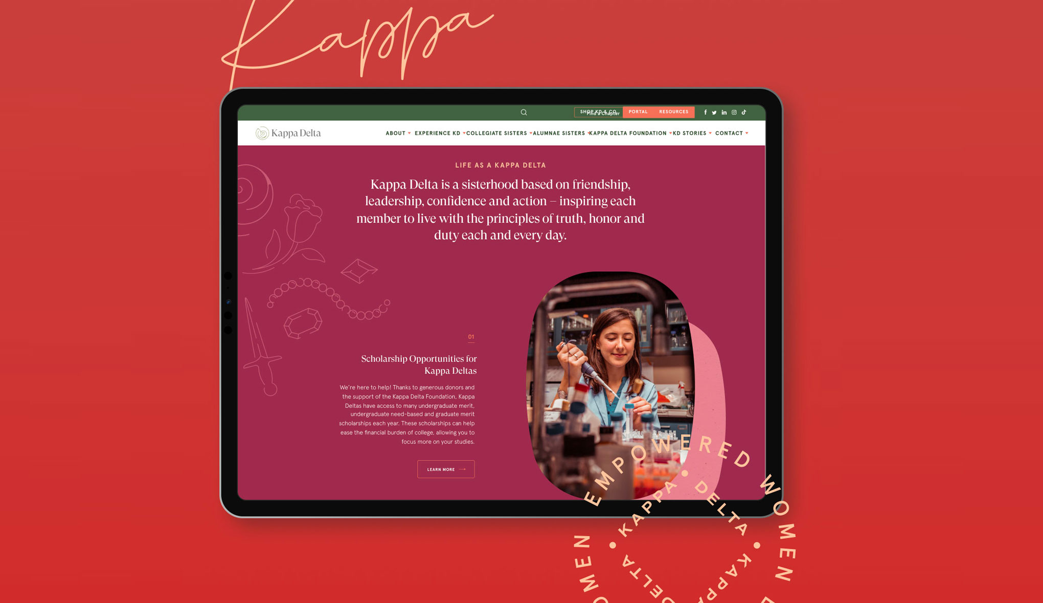Kappa Delta Sorority web design on tablet