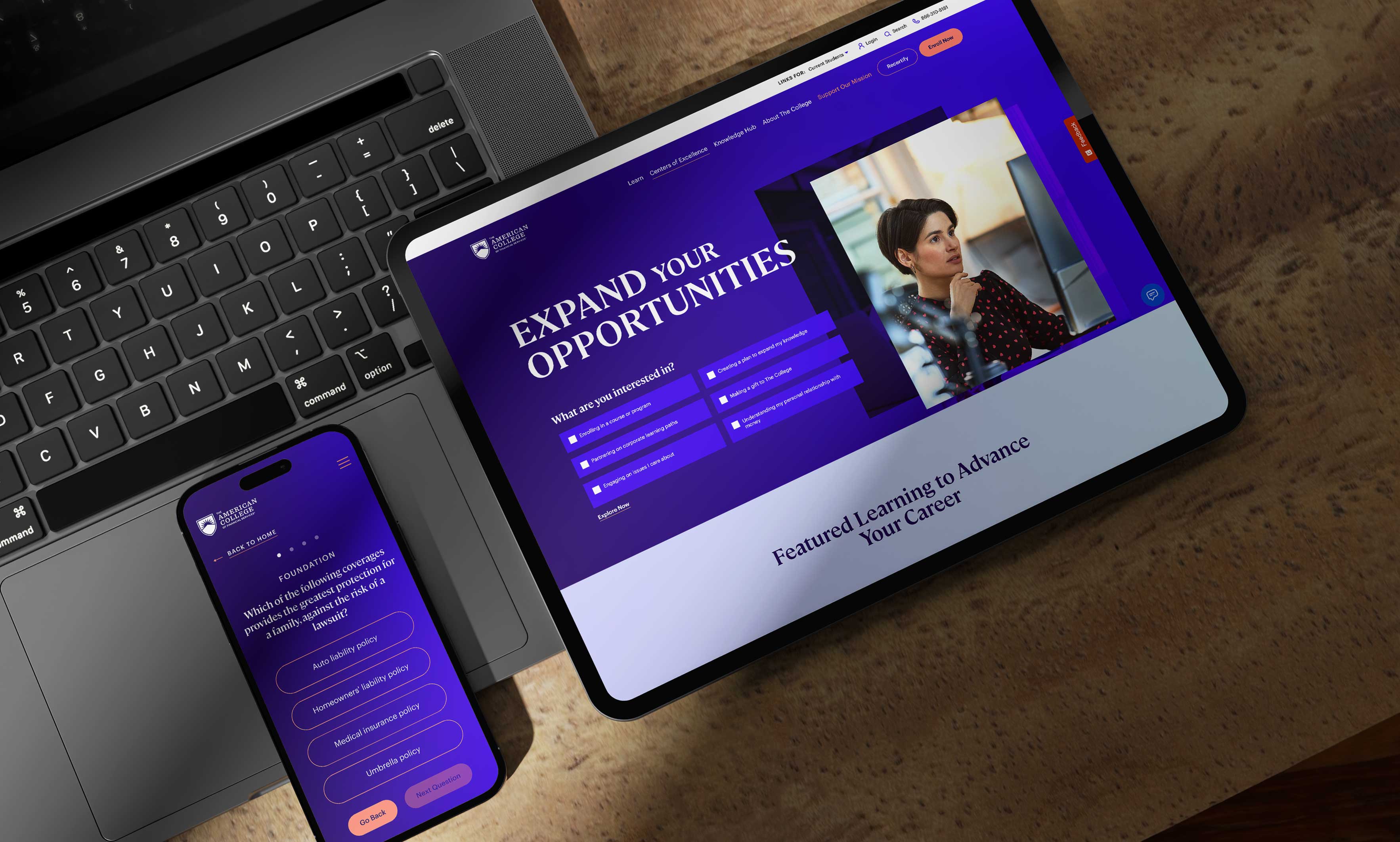 ACFS higher education responsive website design pages in a tablet and an iPhone mockup