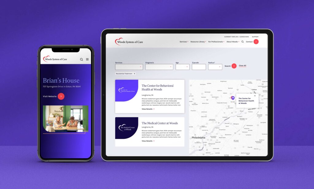 Woods system of care responsive website design pages in an iPhone and a tablet mockup