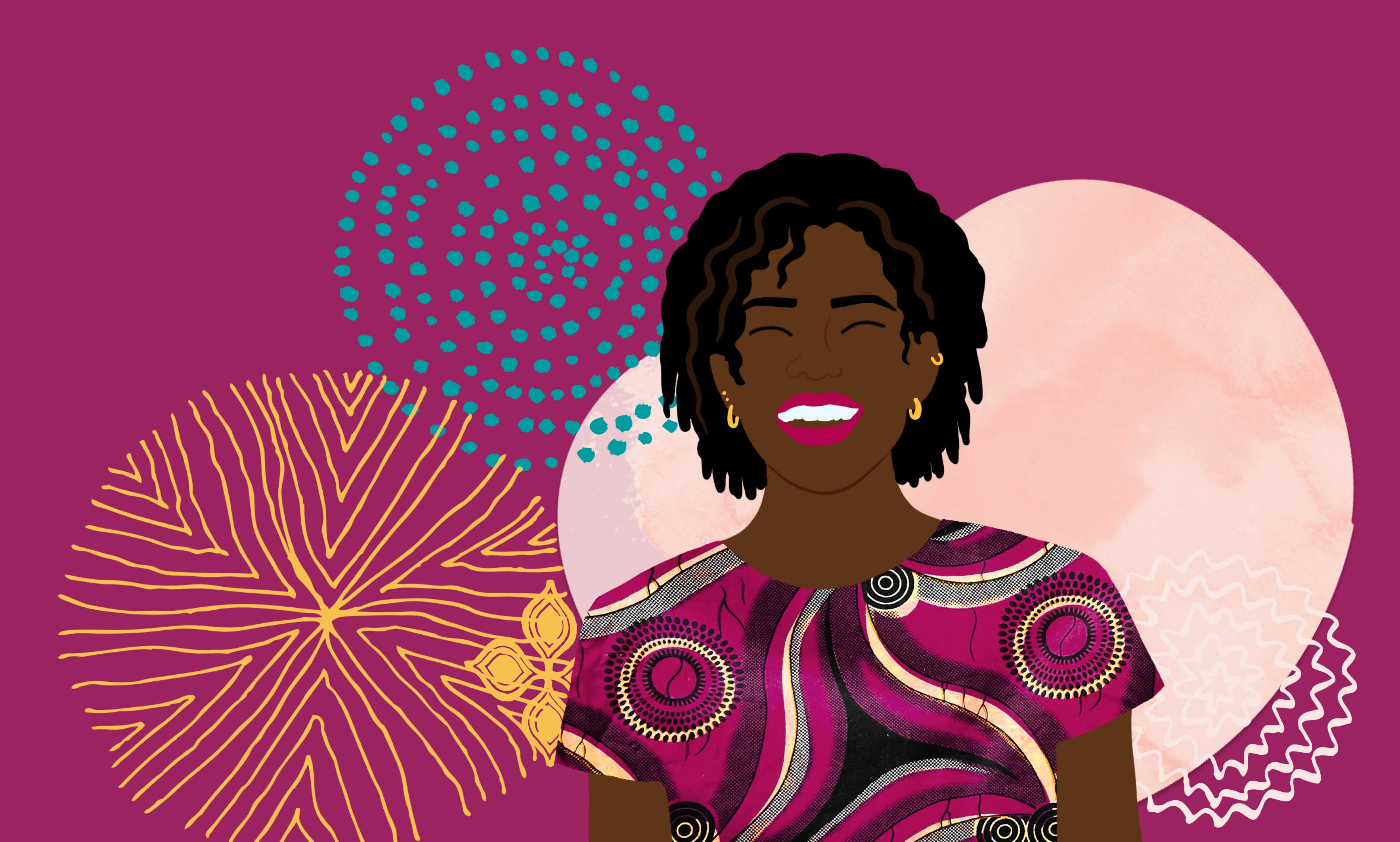 Raising Voices illustration - a woman smiling with background patterns