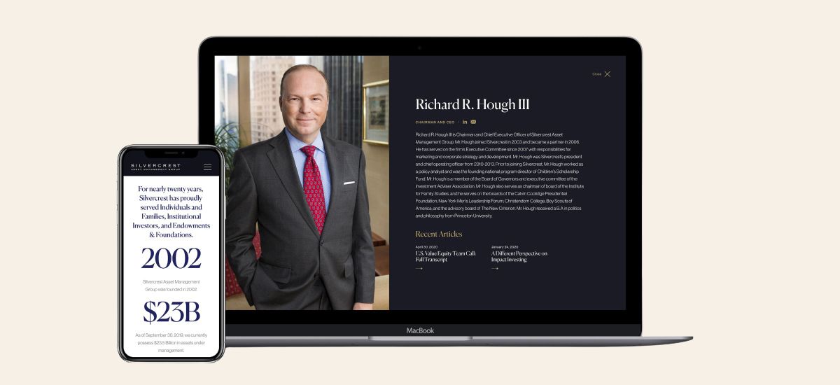 Silvercrest wealth management firm website design on laptop and mobile