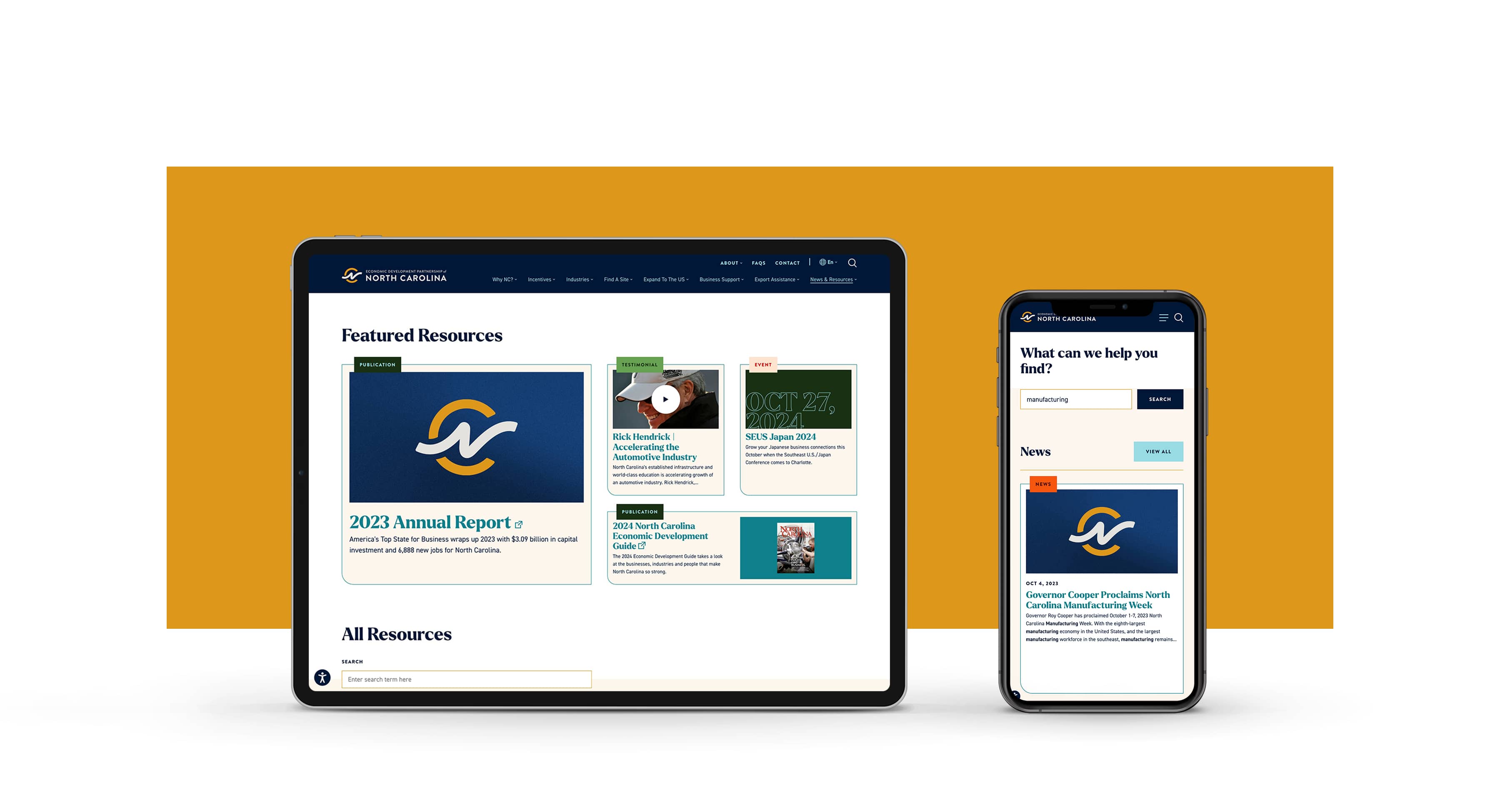 economic development partnership of north carolina website design on tablet and mobile