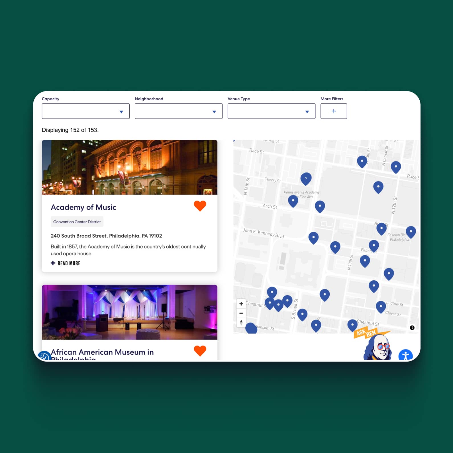 philadelphia convention & visitors bureau tablet mockup of venue search tool