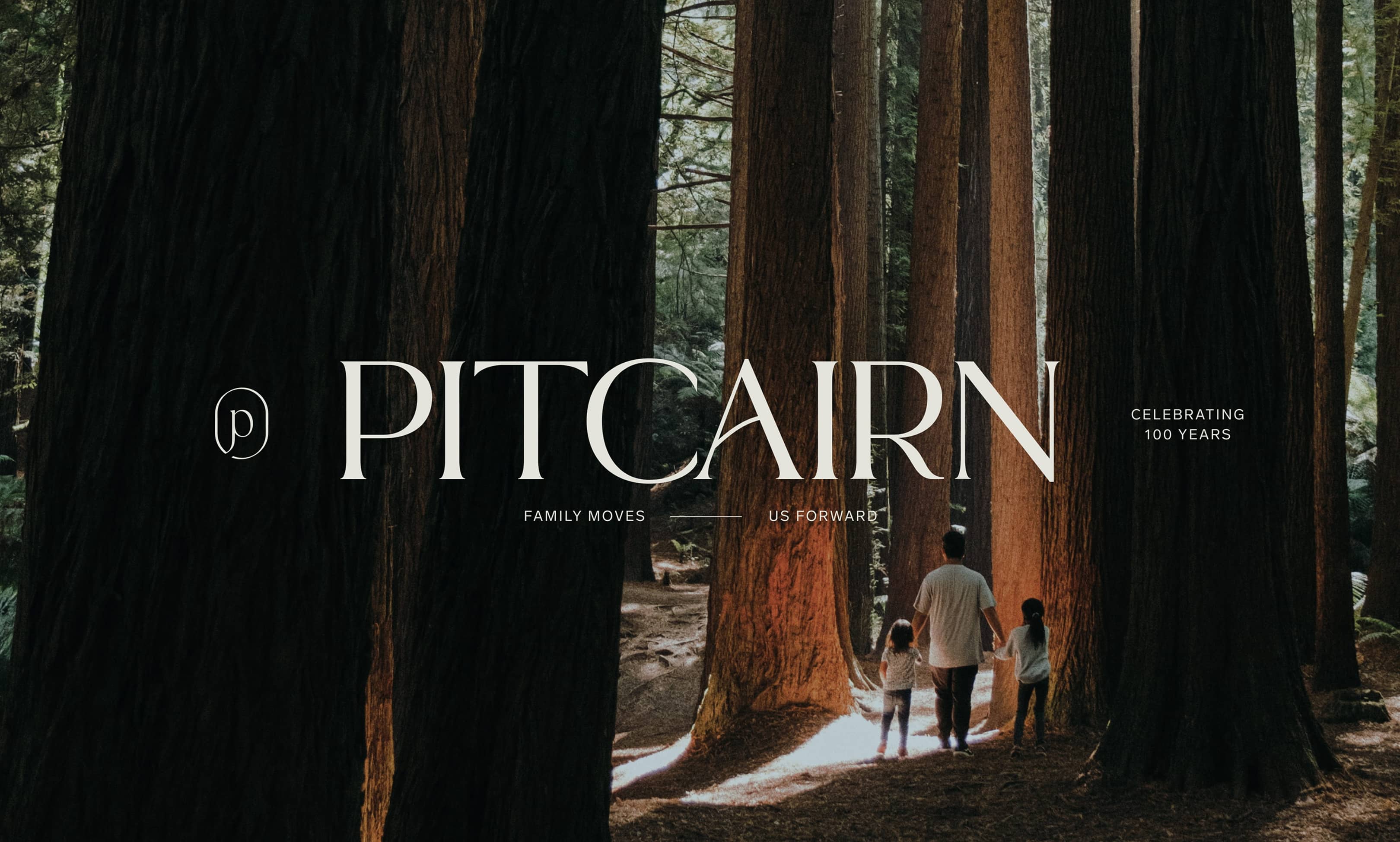Pitcairn logo, logo mark, and additional design elements overlaying wooded image with people in background