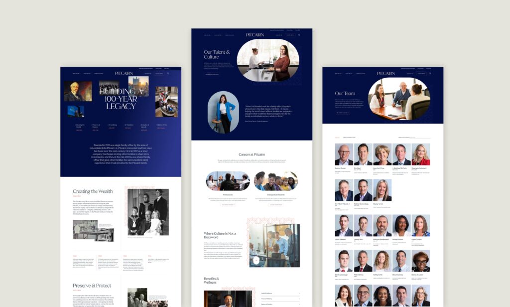 Three flat web page designs of the history page, cultural page, and bio grid page