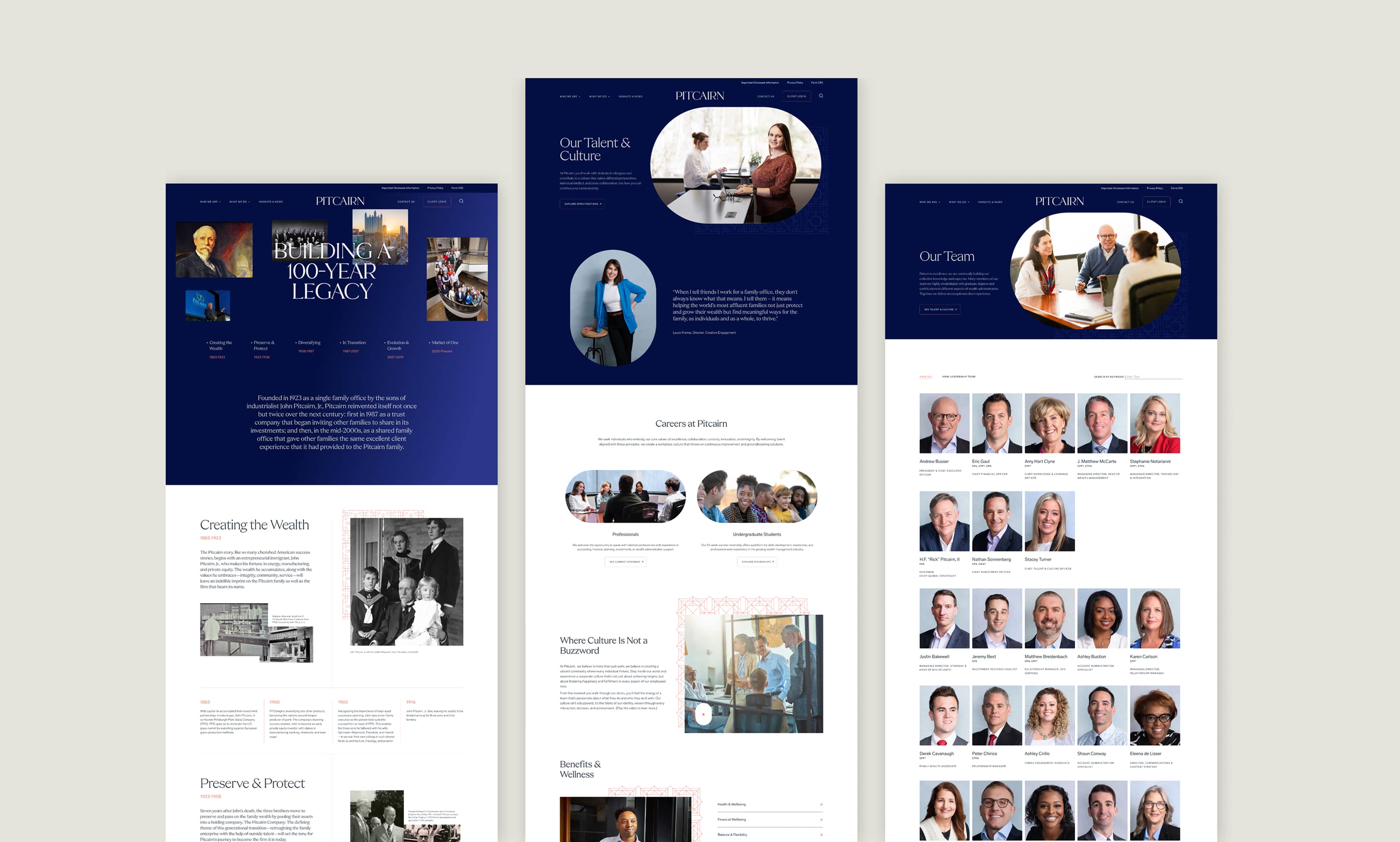 Three flat web page designs of the history page, cultural page, and bio grid page