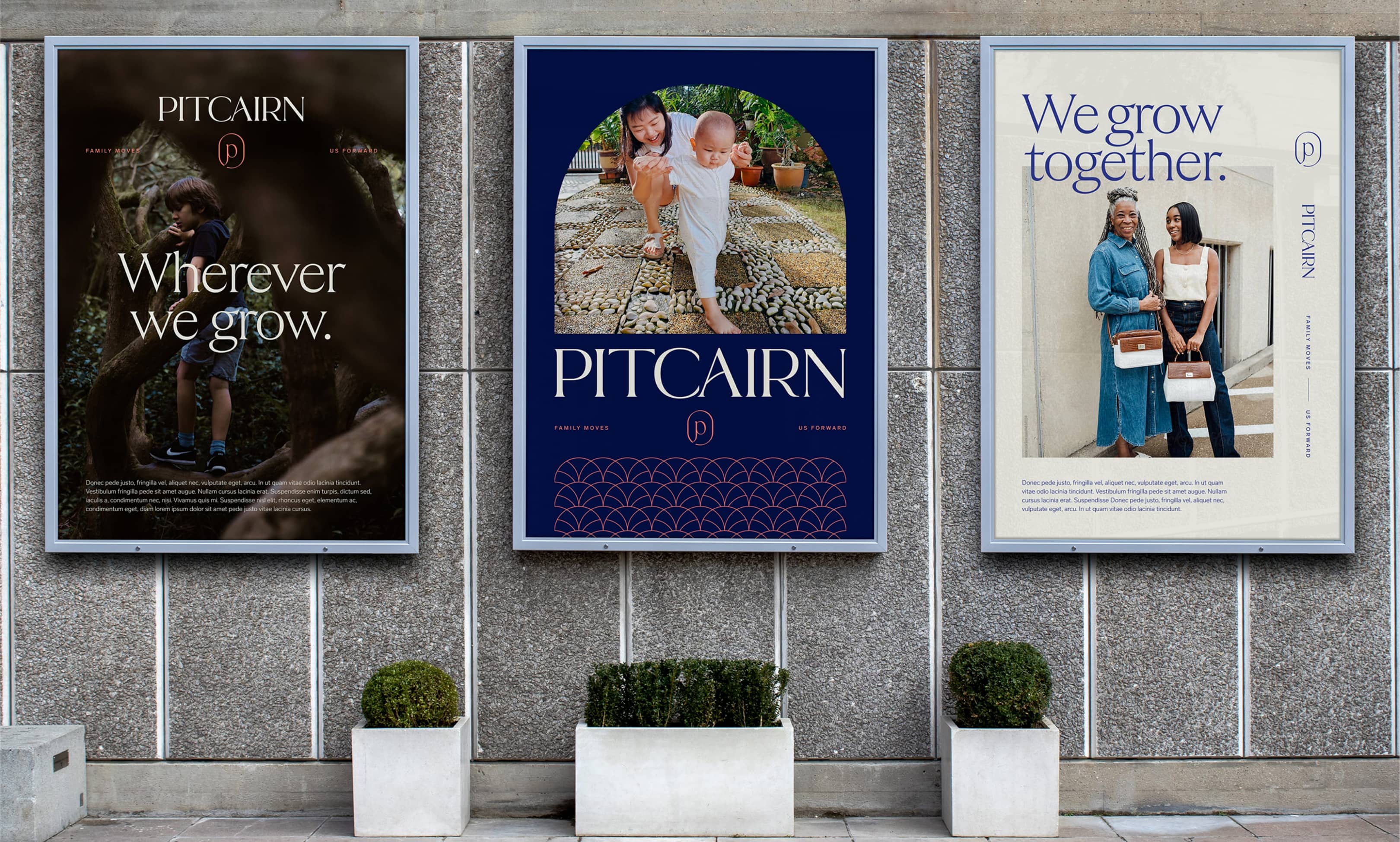 Three poster design mockups on cemented outside wall