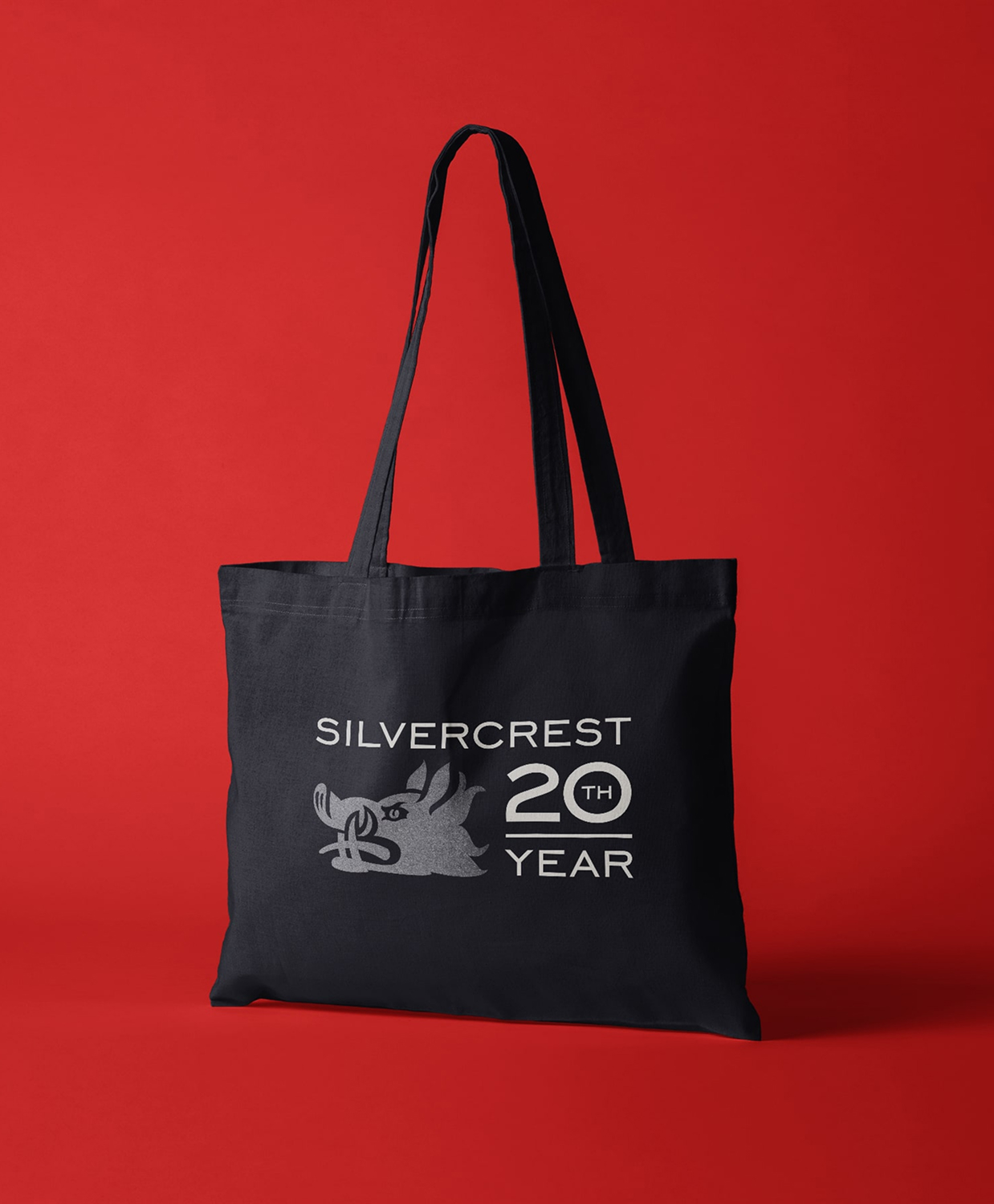 Tote bag mockup of Silvercrest 20th year branding