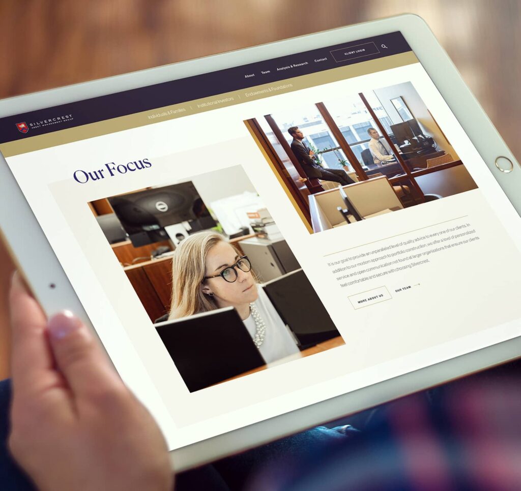 Ipad mockup of homepage "Our Focus" section.