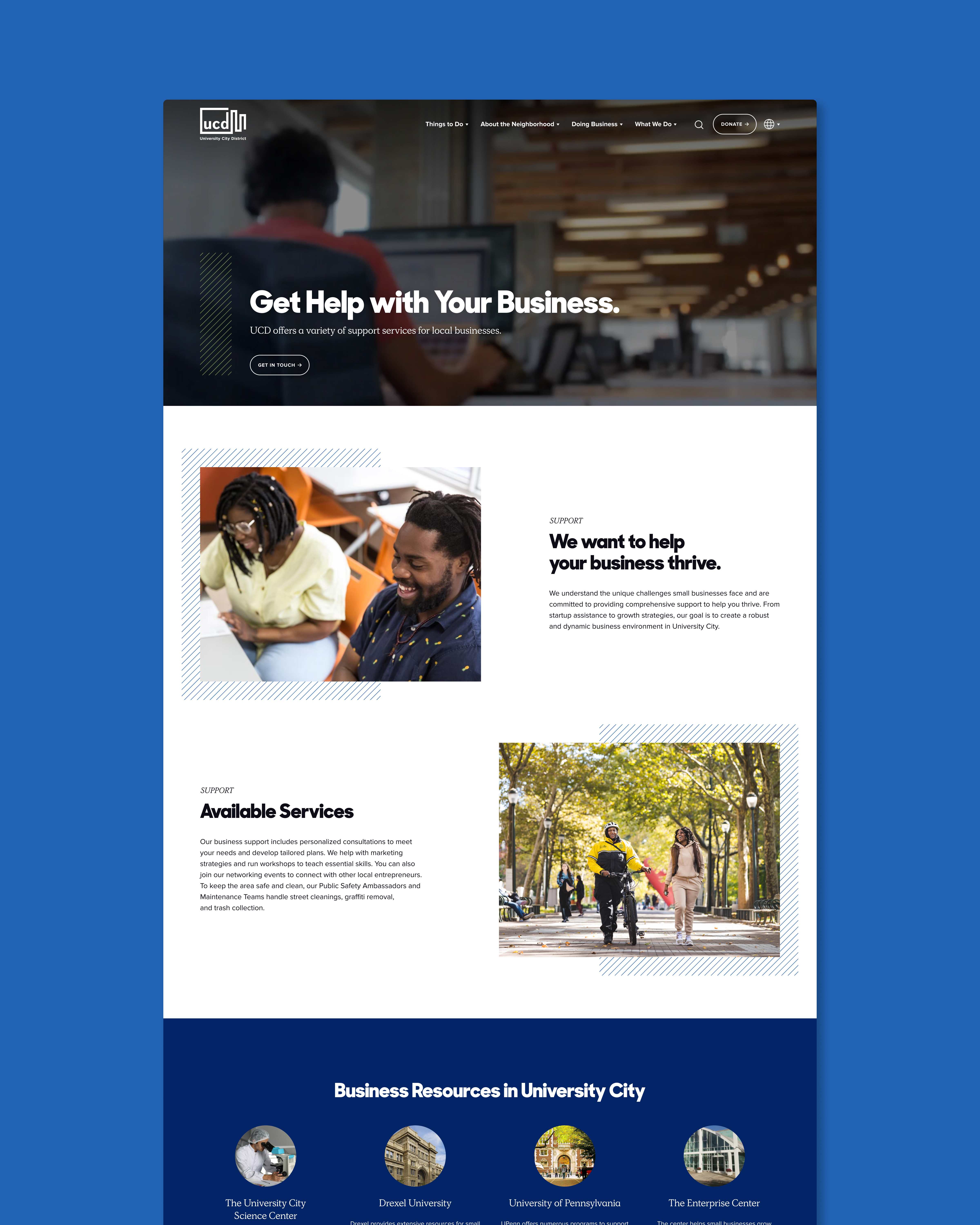 Flat full-page website design of public space website page against a solid background.