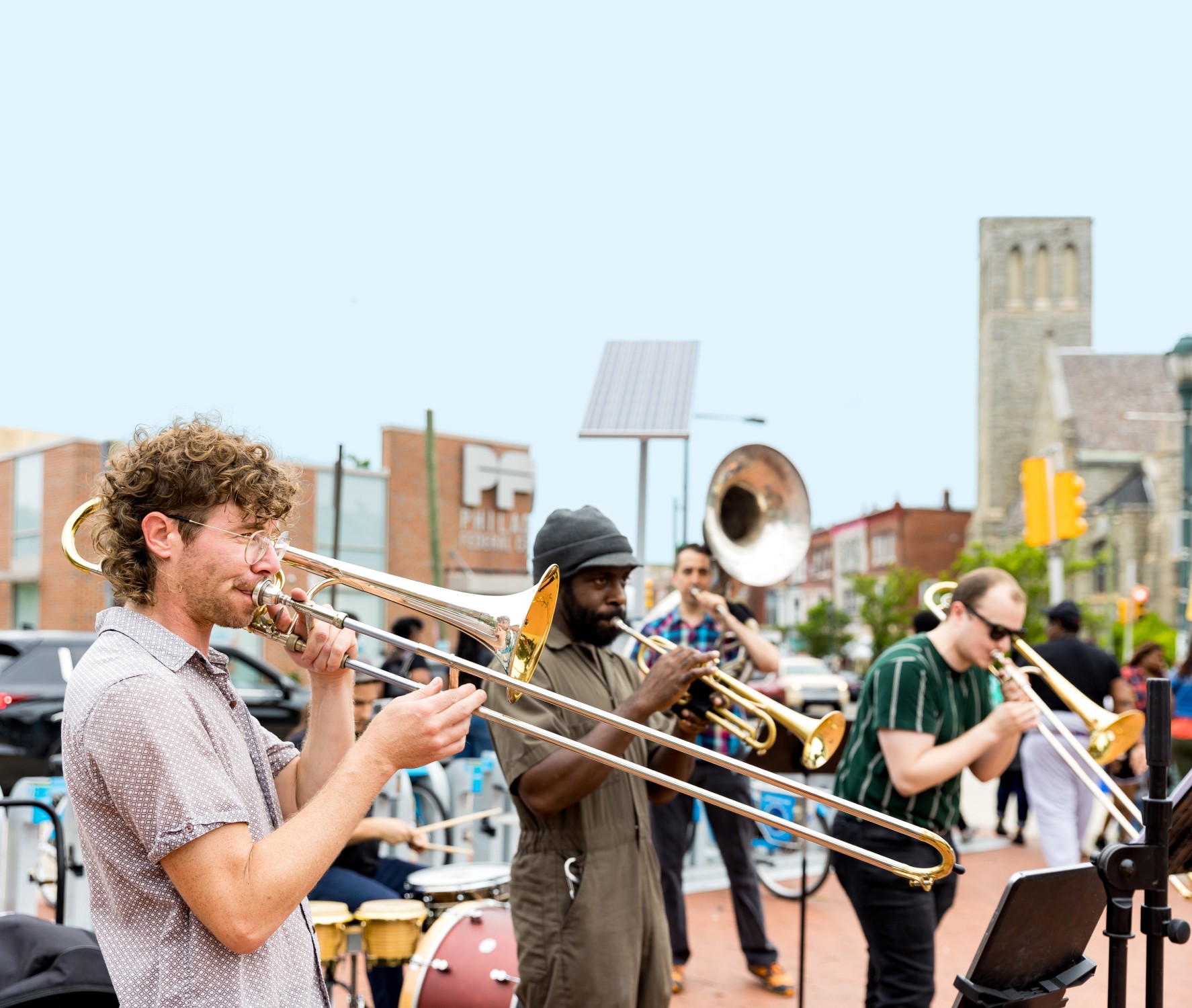 Group of musicians playing music on the square