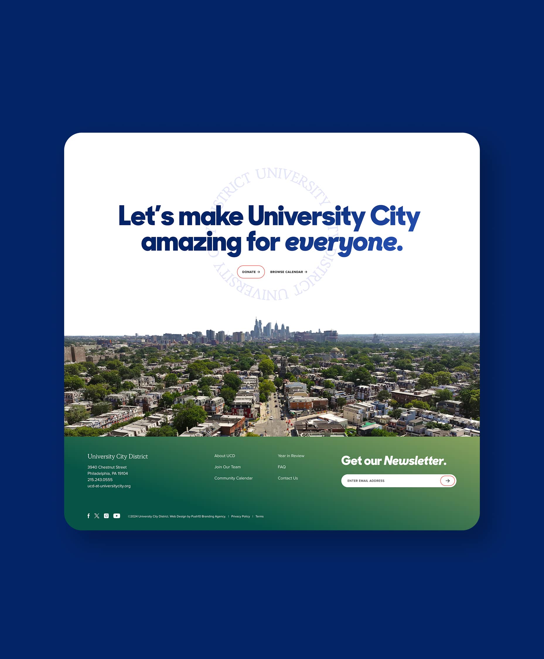 Right image of 3 grid flat designs highlighting website footer; University City District cityscape on a solid background.
