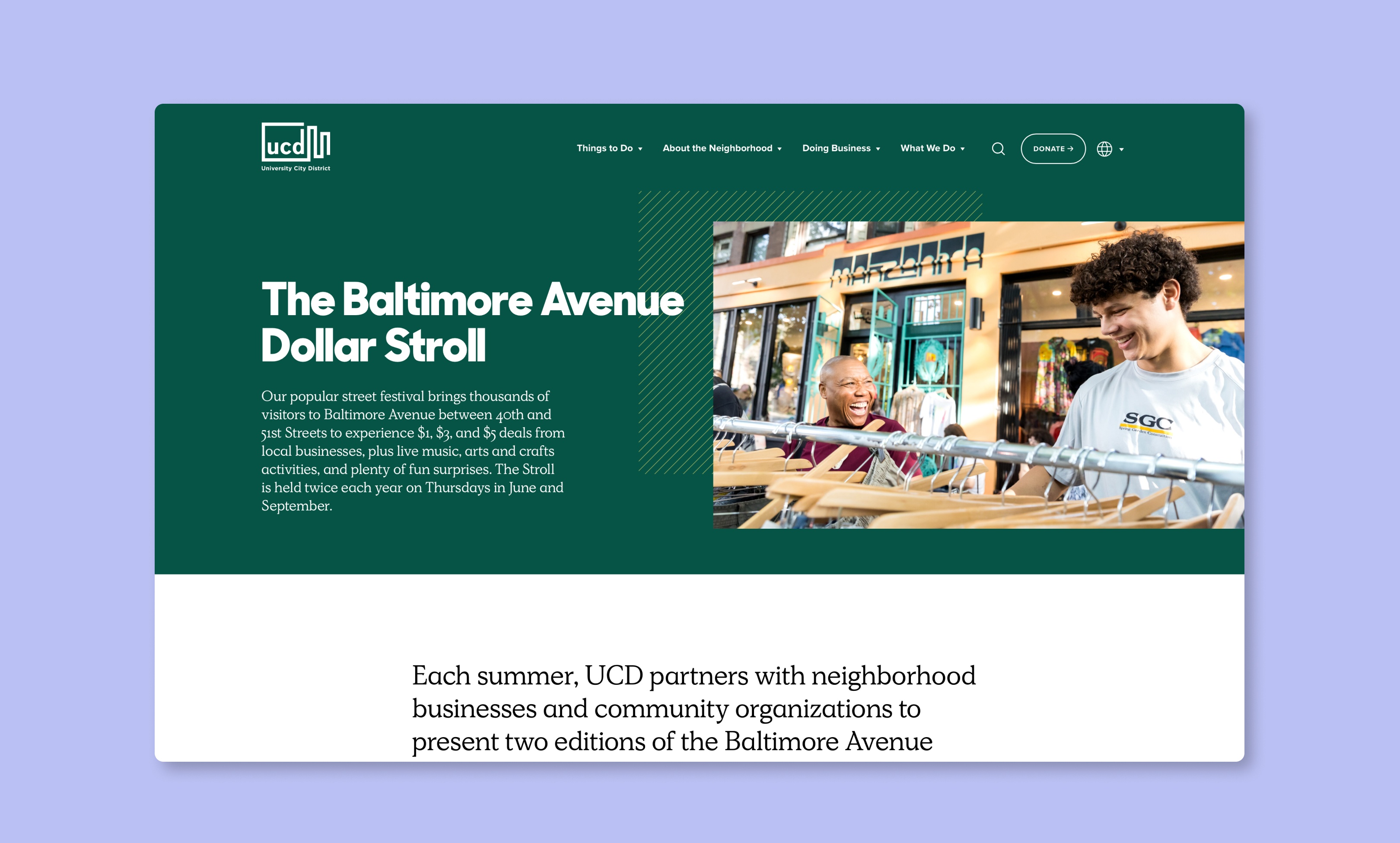 Single large image of 3 grid flat designs highlighting Baltimore Avenue Dollar Stroll page on a solid background.