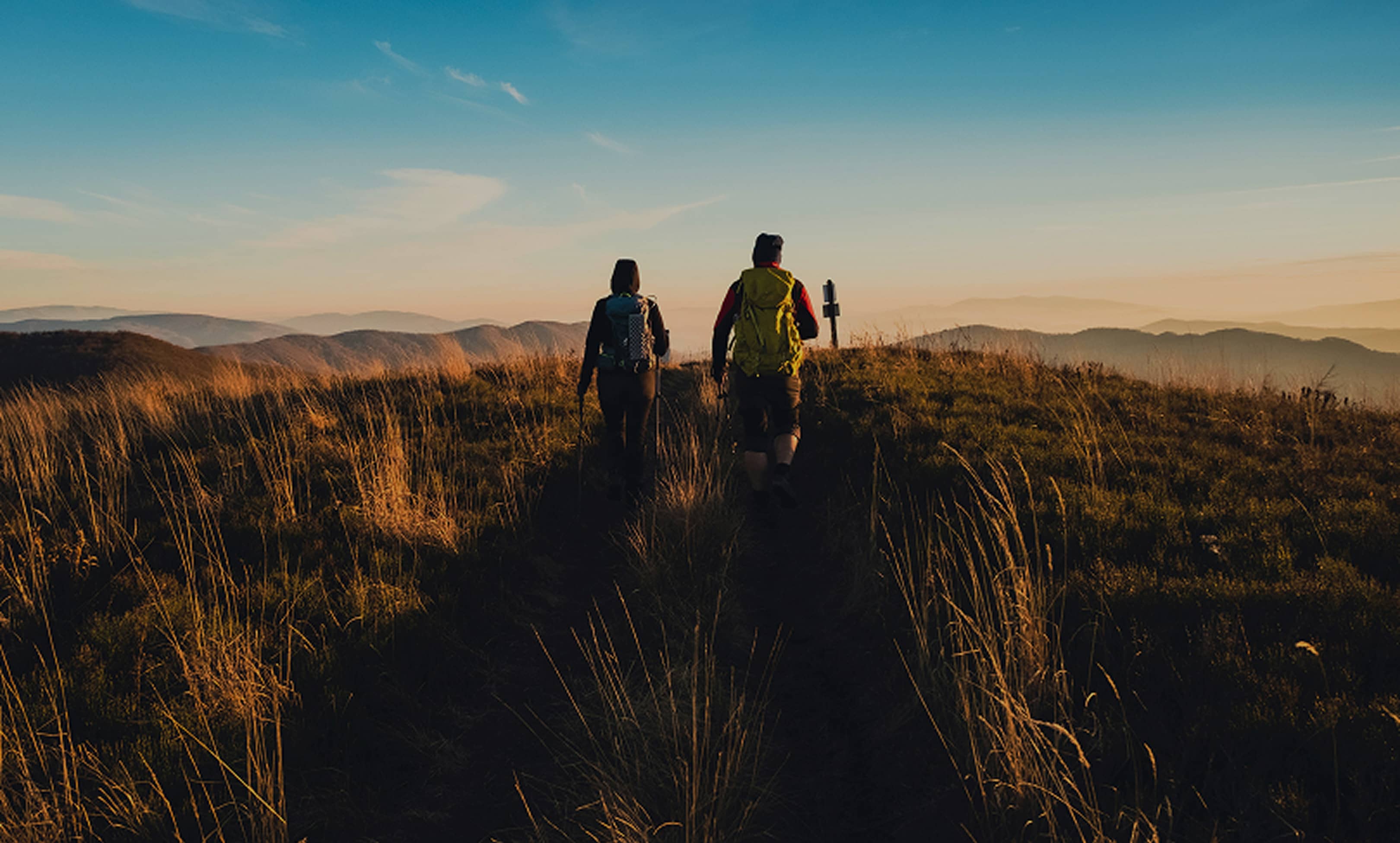 Image of a man and woman walking at dusk in a meadow