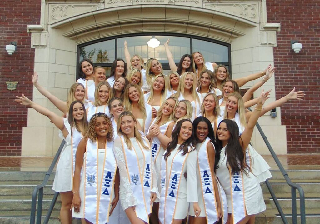Alpha Xi Delta Members in Front of University Building