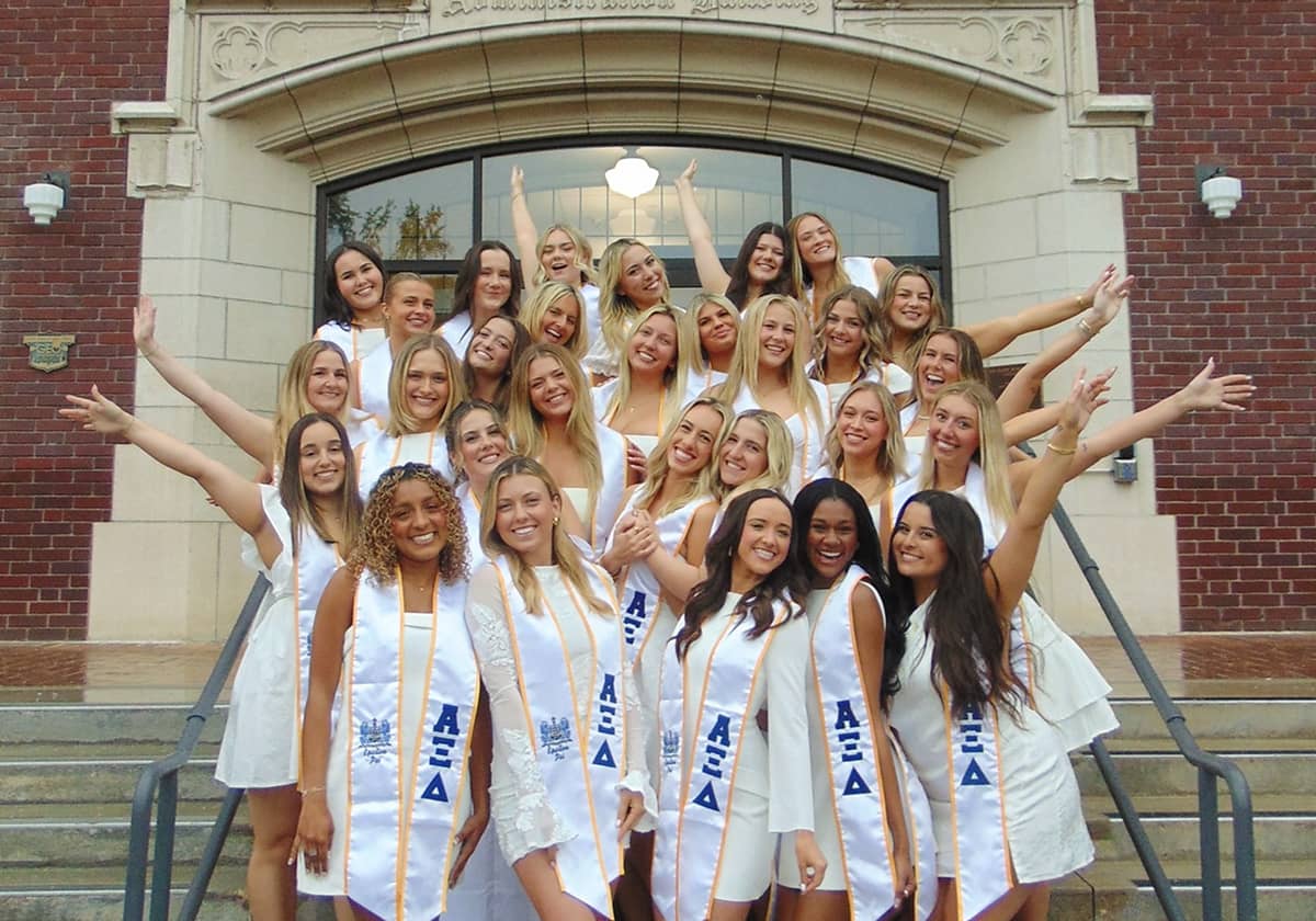 Alpha Xi Delta Members in Front of University Building
