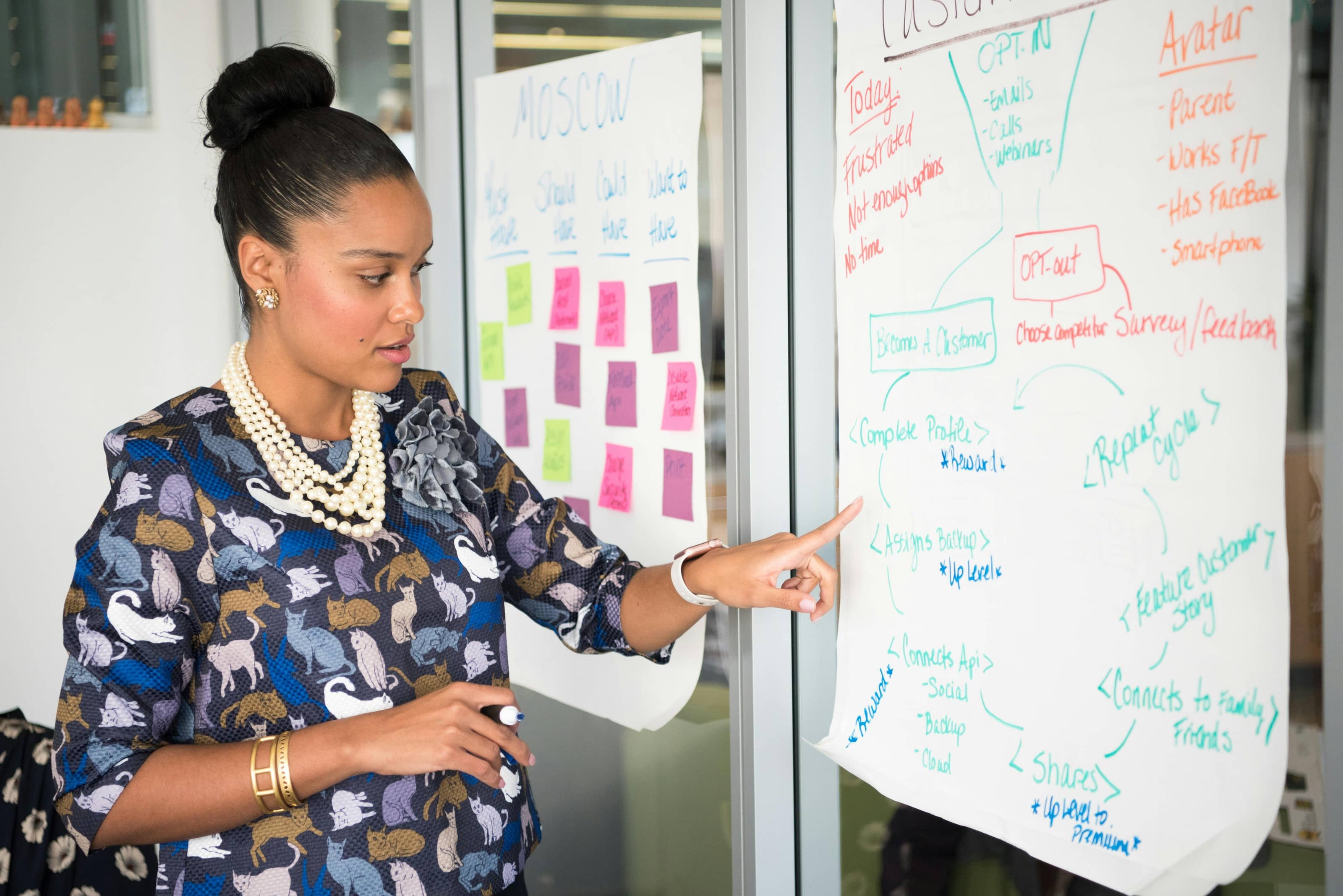 nonprofit marketing manager reviewing wireframes on paper