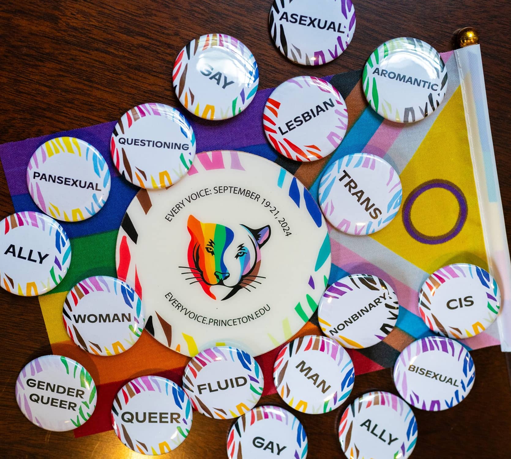 PUA Every Voice client image of made pins and coaster on the LGBTQ+ flag