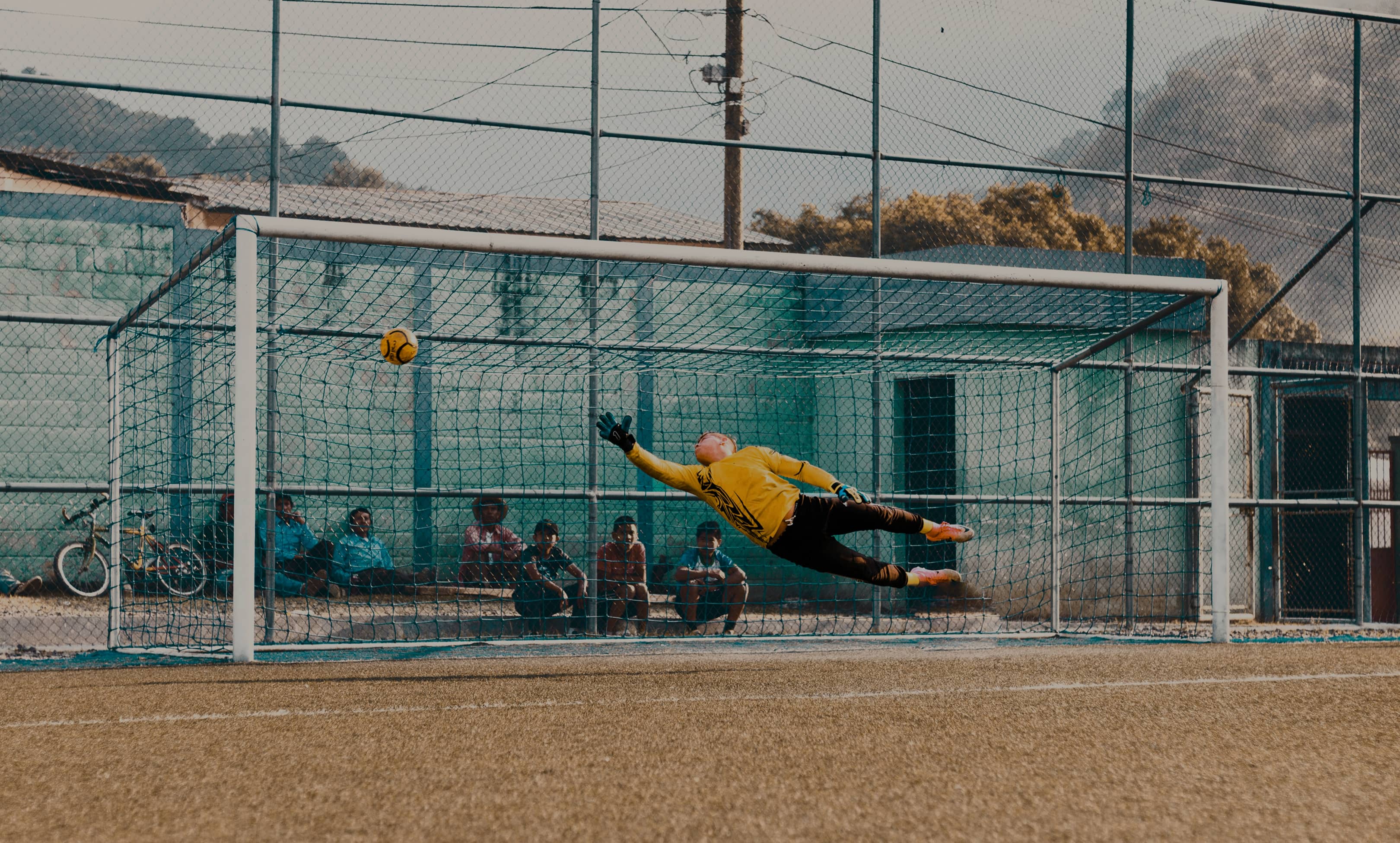 Action shot of goalie attempting to block a ball
