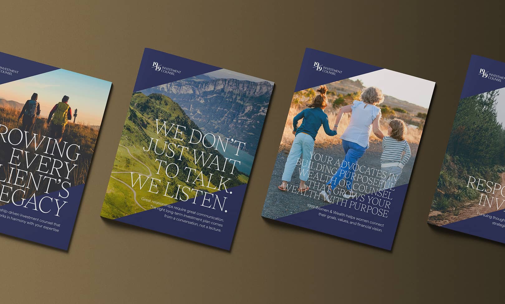 Four brochures with scenic backgrounds are aligned diagonally. Each has a distinct color scheme and motivational text related to listening, advocacy, and legacy.