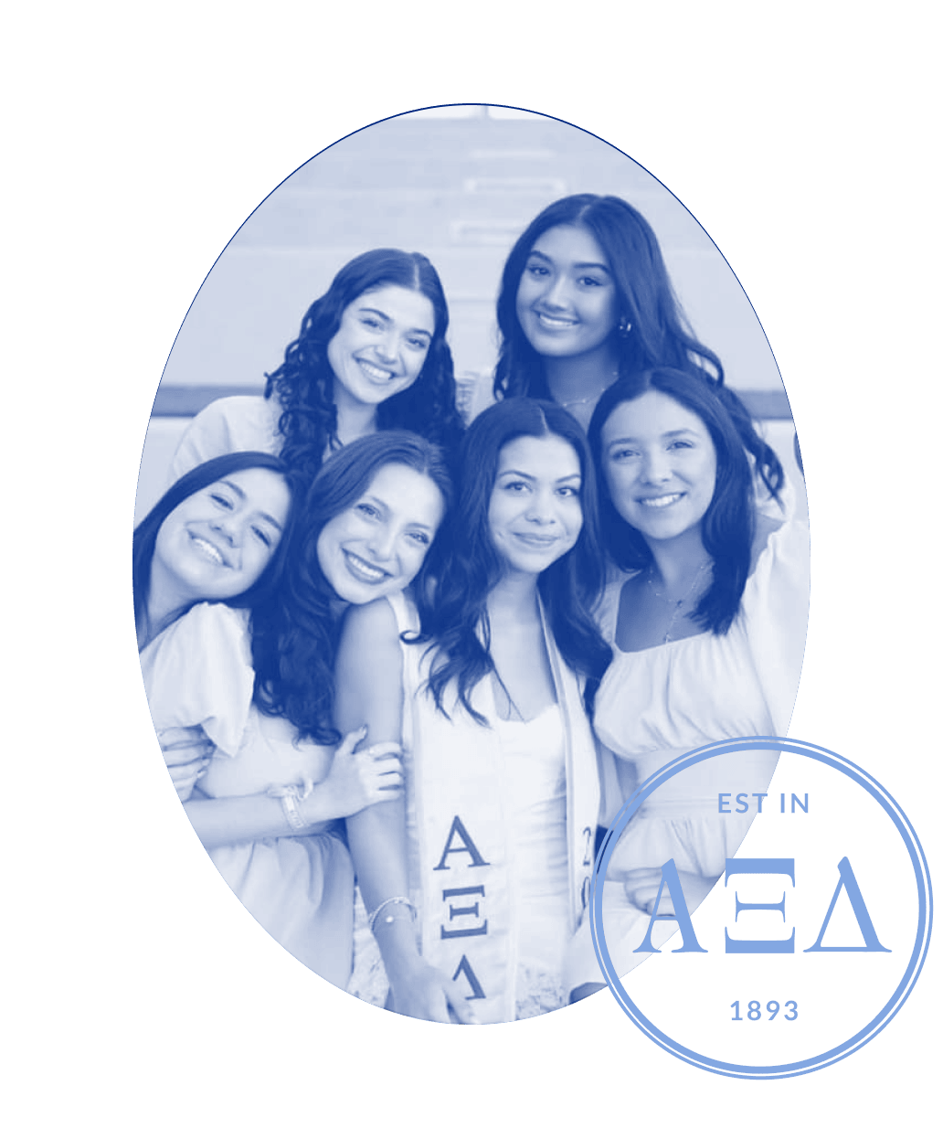 Alpha Xi Delta Sisters Smiling with blue overlay