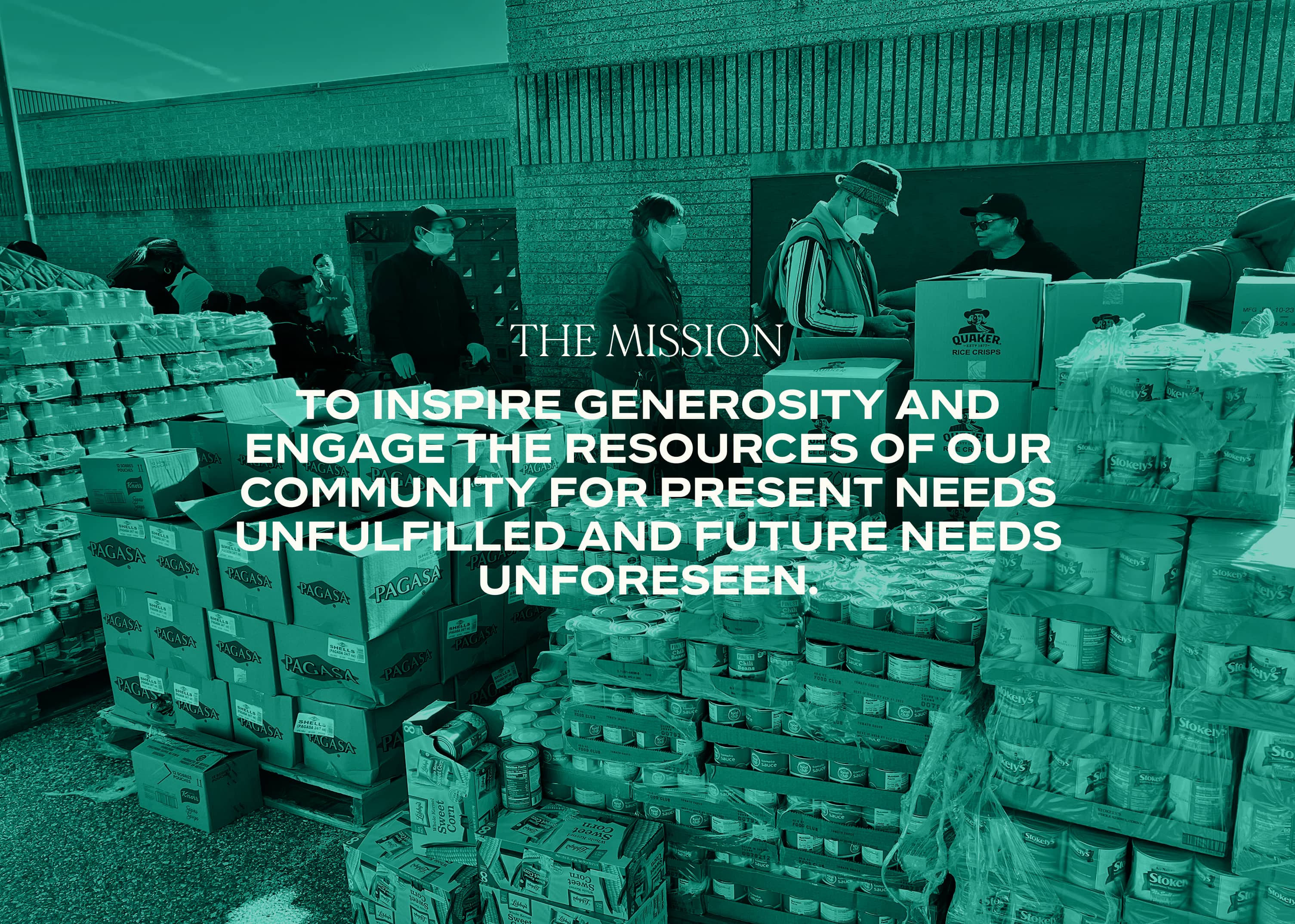 PCF Vision statement overlaying aqua filtered image of a food bank