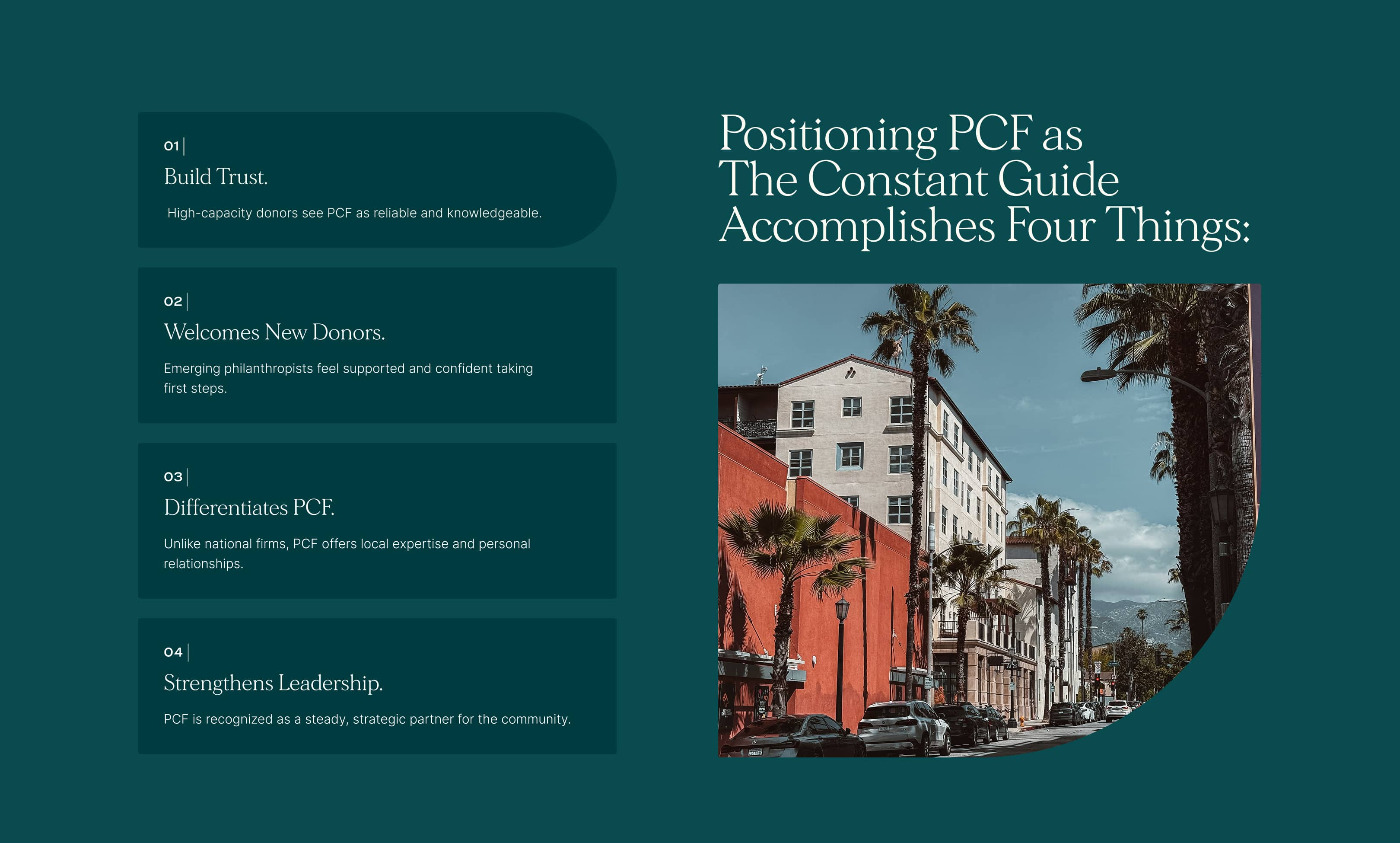 Graphic of PCF's Constant Guide and the 4 things it accomplishes
