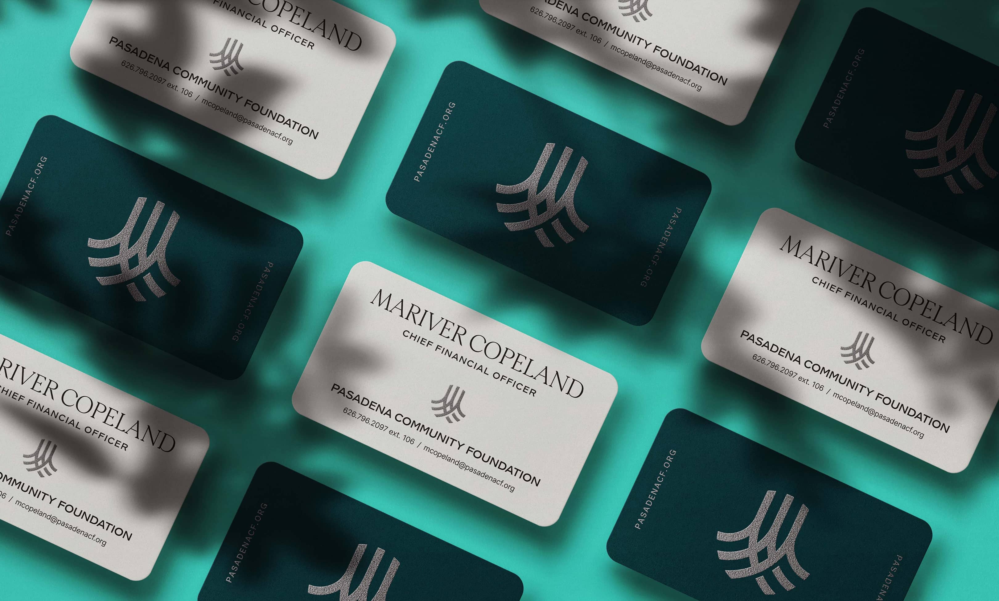 Mockup of PCF new brand on business cards