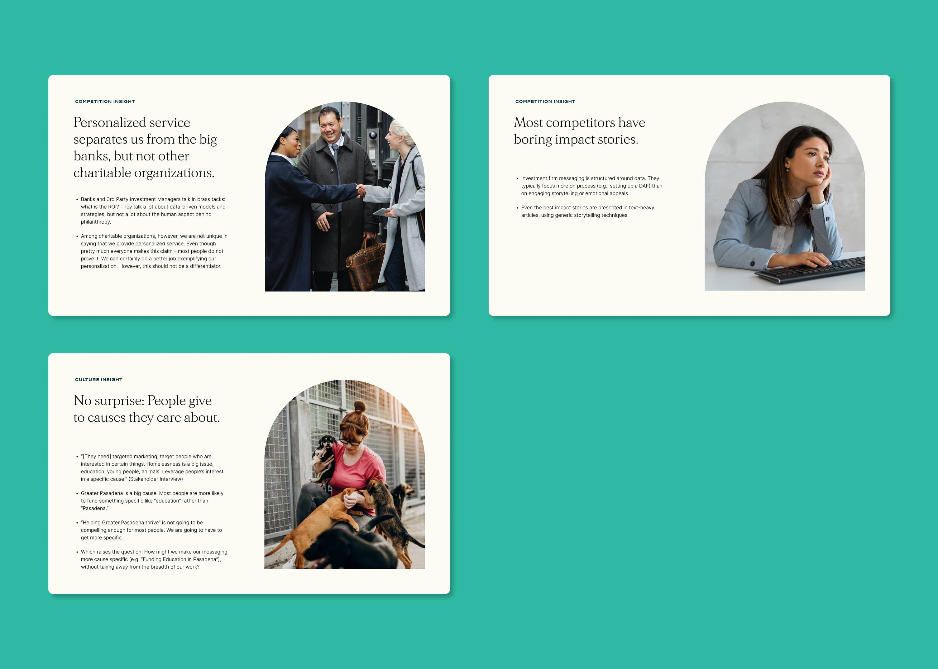 Pages from the PCF initial research discovery phase, specifically exploring their Competition and Culture Insights