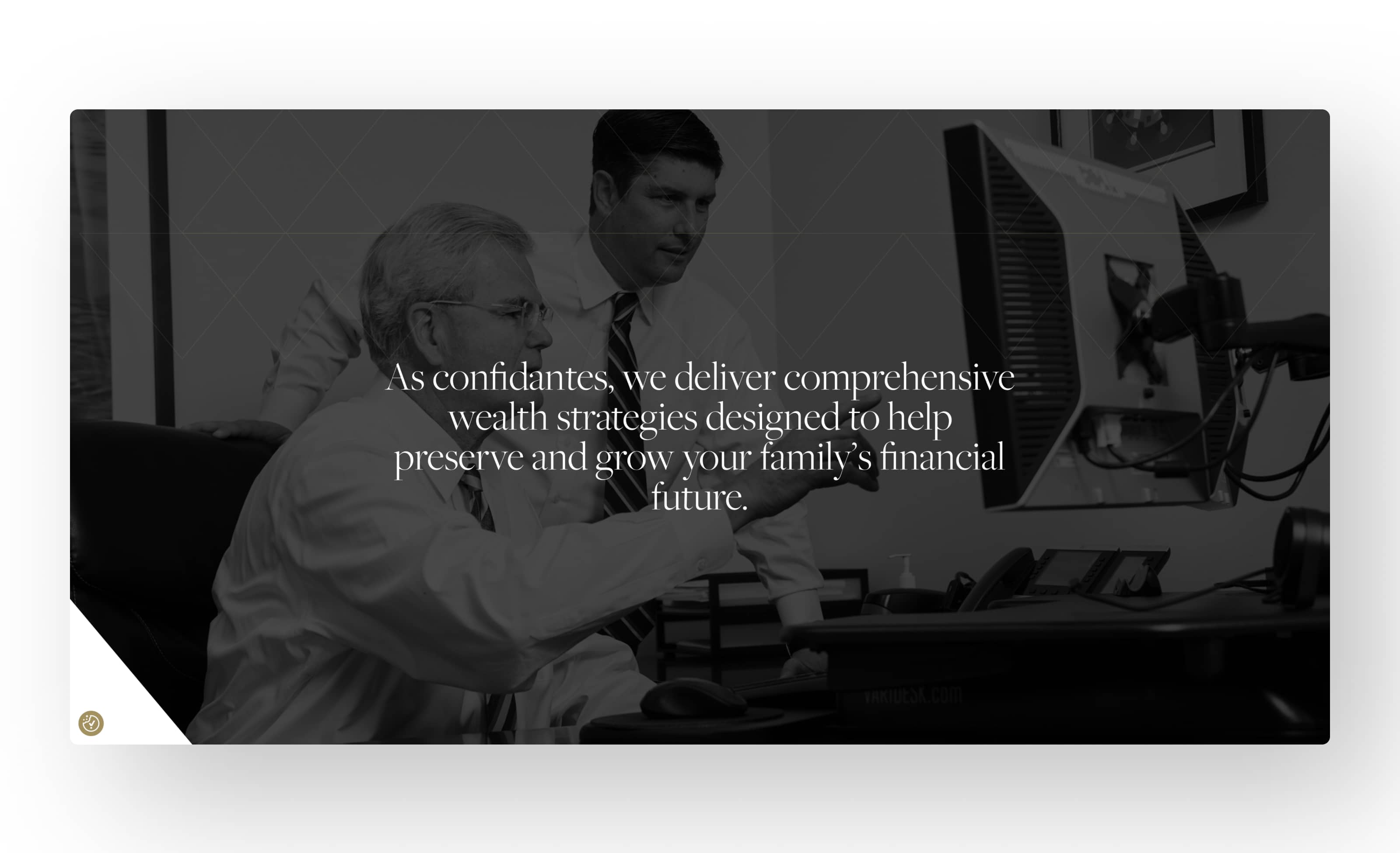 Two businessmen in a formal office setting, one gesturing at a computer screen. Text overlay discusses wealth strategies.