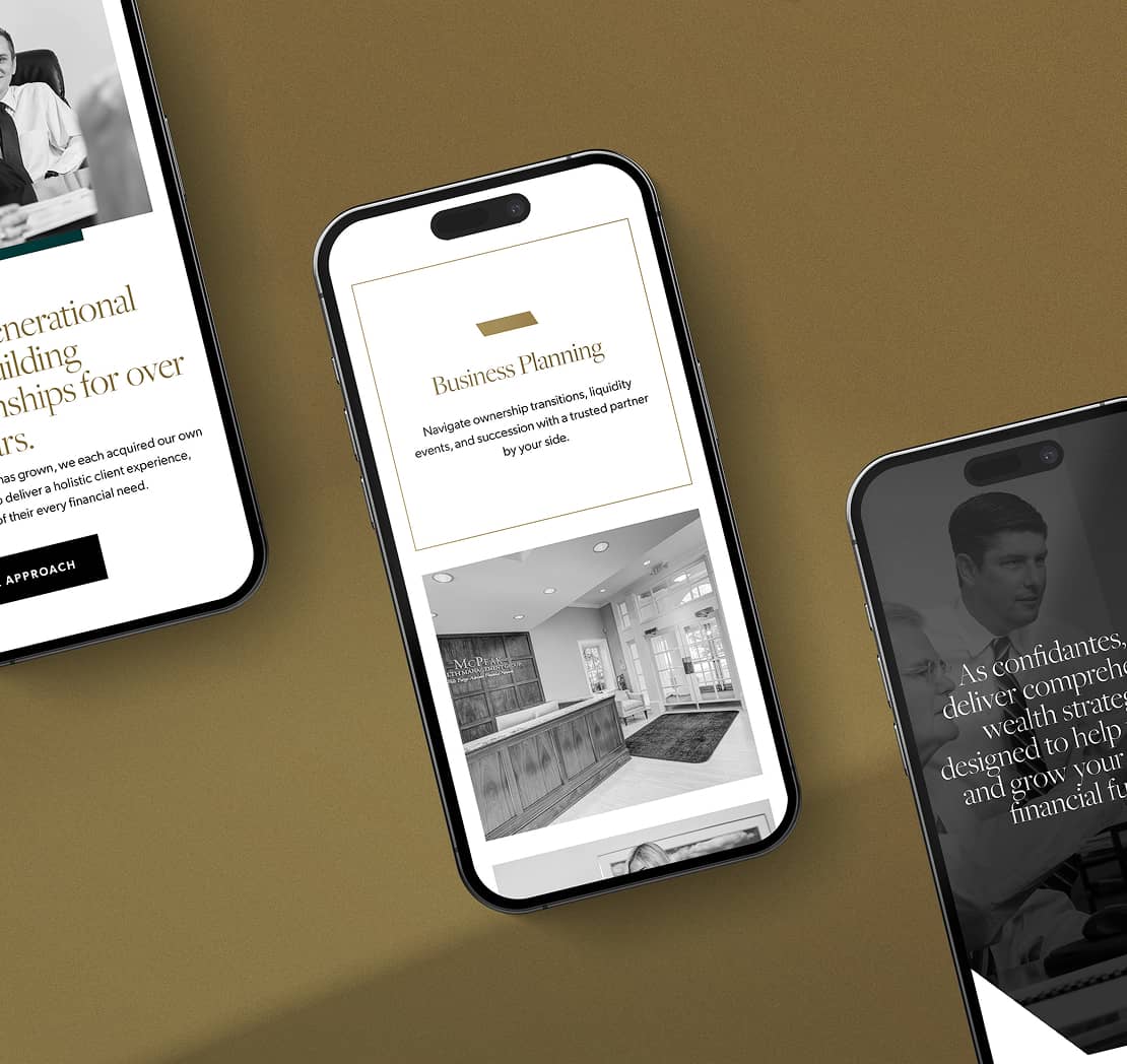 Phone mockup of multiple McPeak pages on a gold grained background