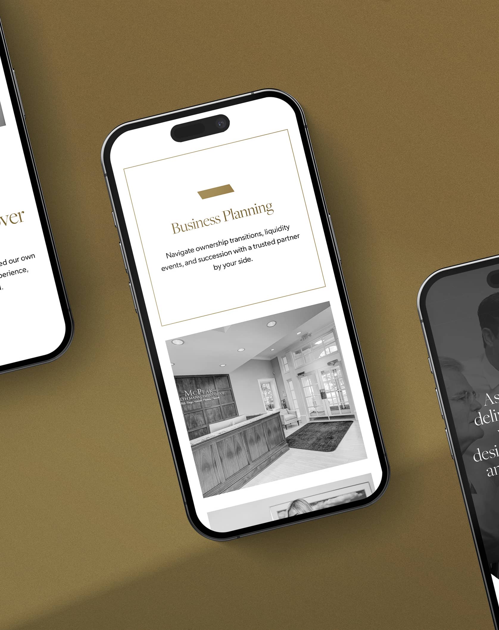 Phone mockup of multiple McPeak pages on a gold grained background