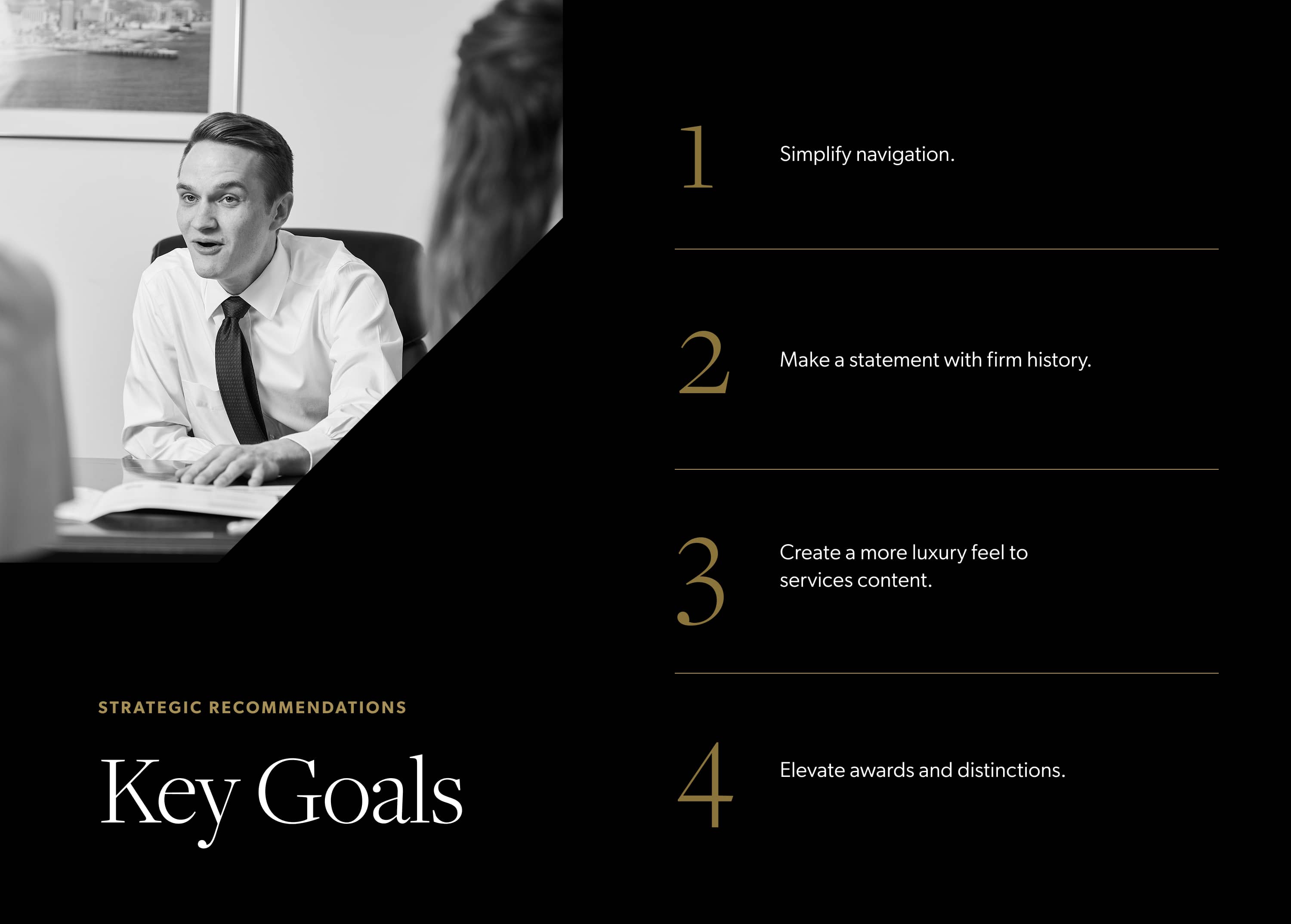 Intro slide graphic of the key goals found during the strategic research phase