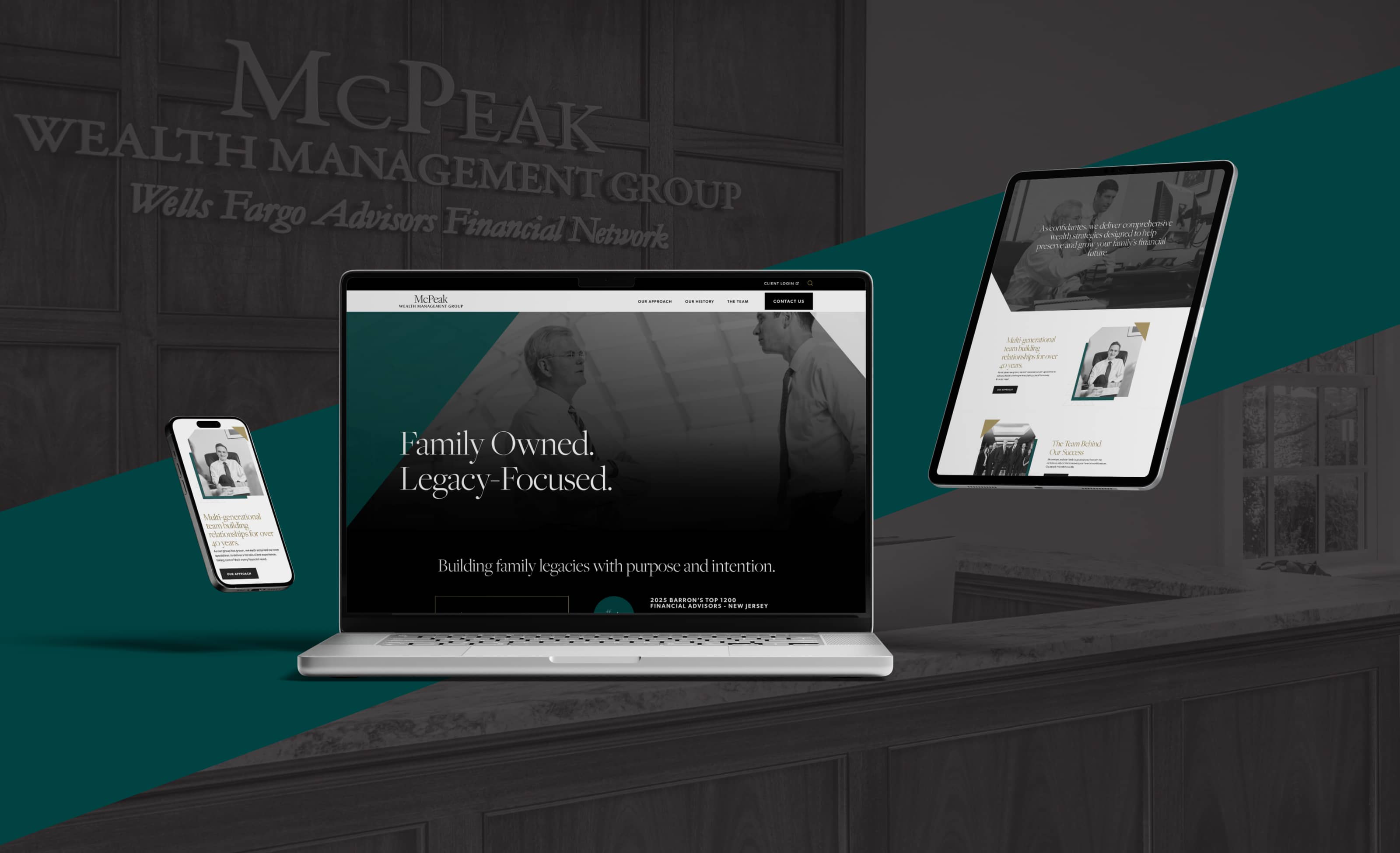 Digital rendering of McPeak Wealth Management website on smartphone, laptop, and tablet, featuring the multiple pages from the website. The background includes a wooden panel with the company name and logo.