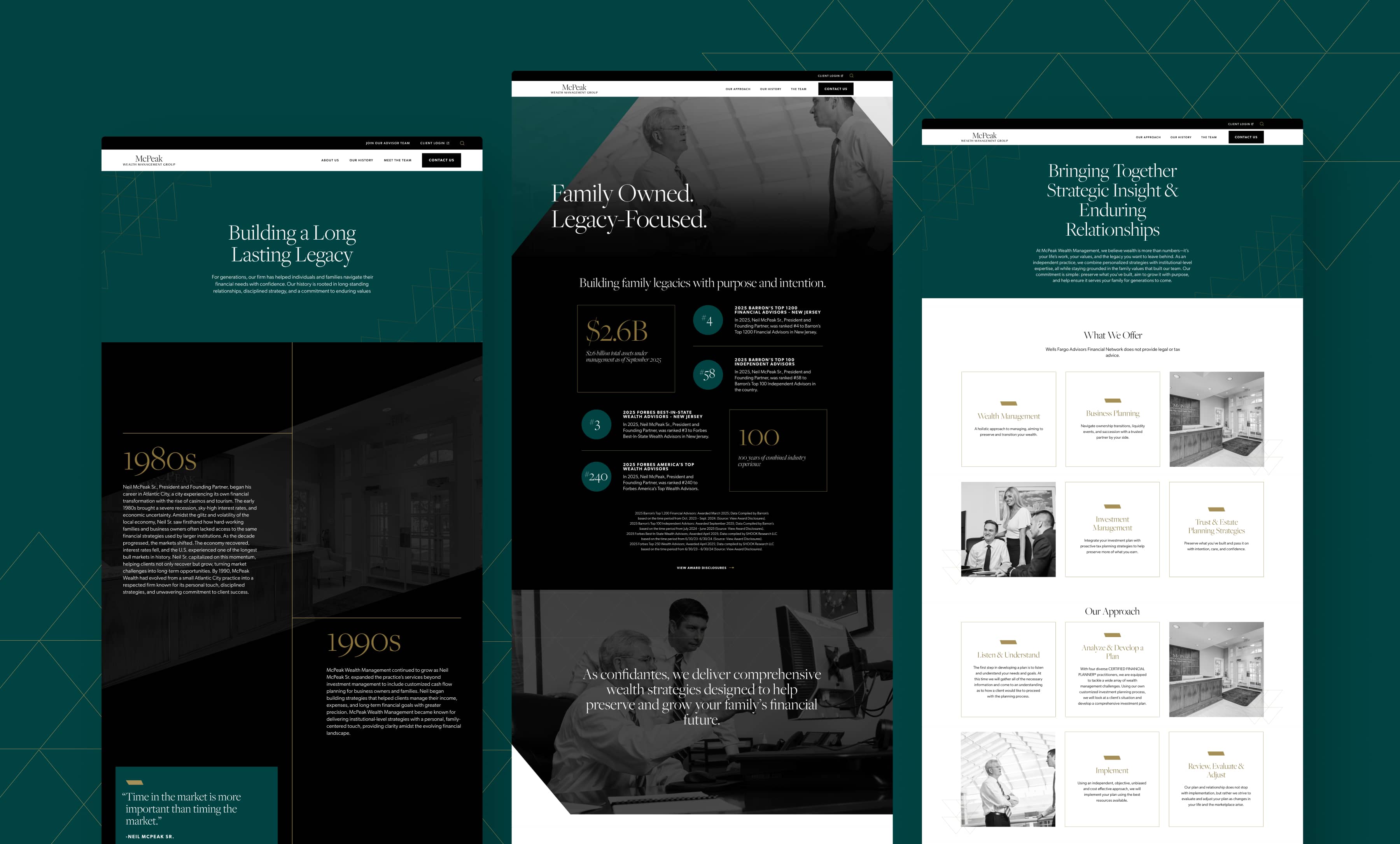 Three wireframes of various pages on a flood of color