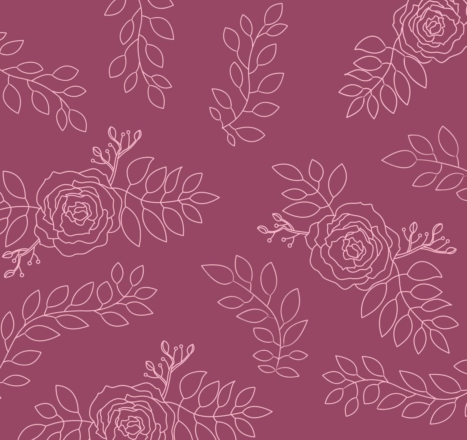 Seamless floral pattern with delicate, white outlines of roses and leaves on a mauve background, conveying elegance and tranquility.