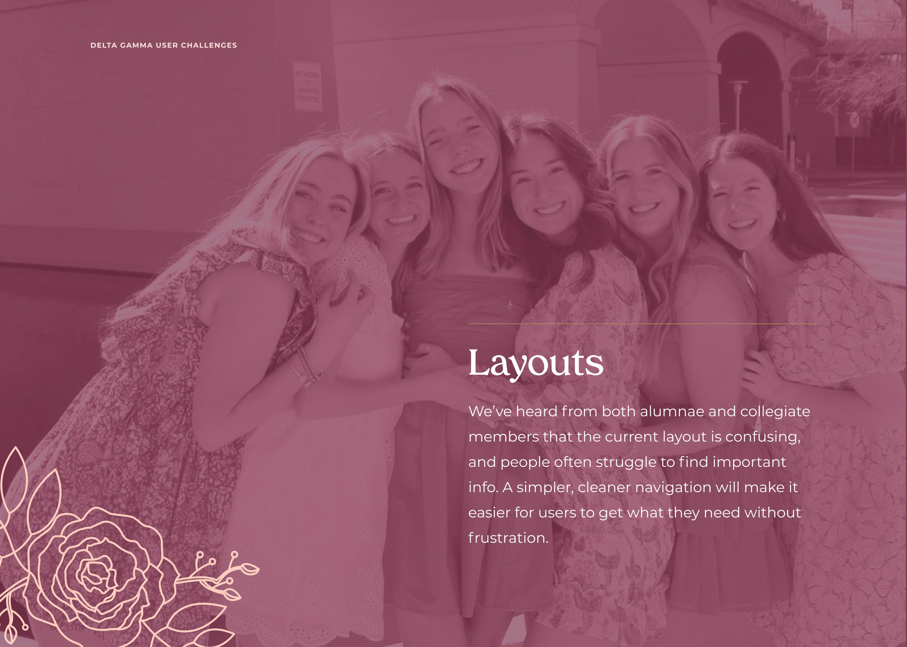 A group of five smiling women in casual dresses embraces outdoors with a floral sketch overlay. The tone is joyful and warm. Text discusses improving layout simplicity.