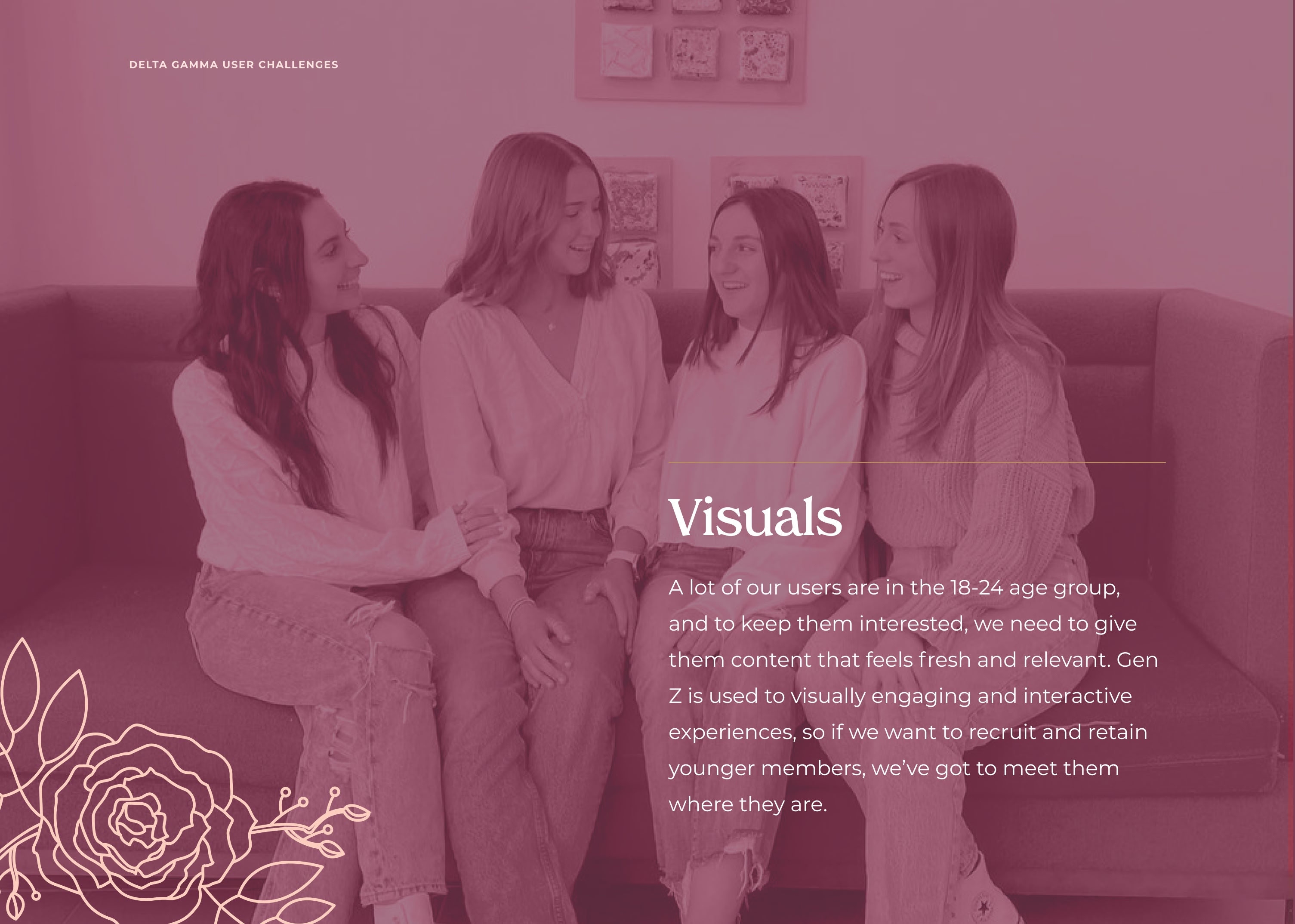 Four young women sit on a couch, engaging in friendly conversation. Overlay text reads 