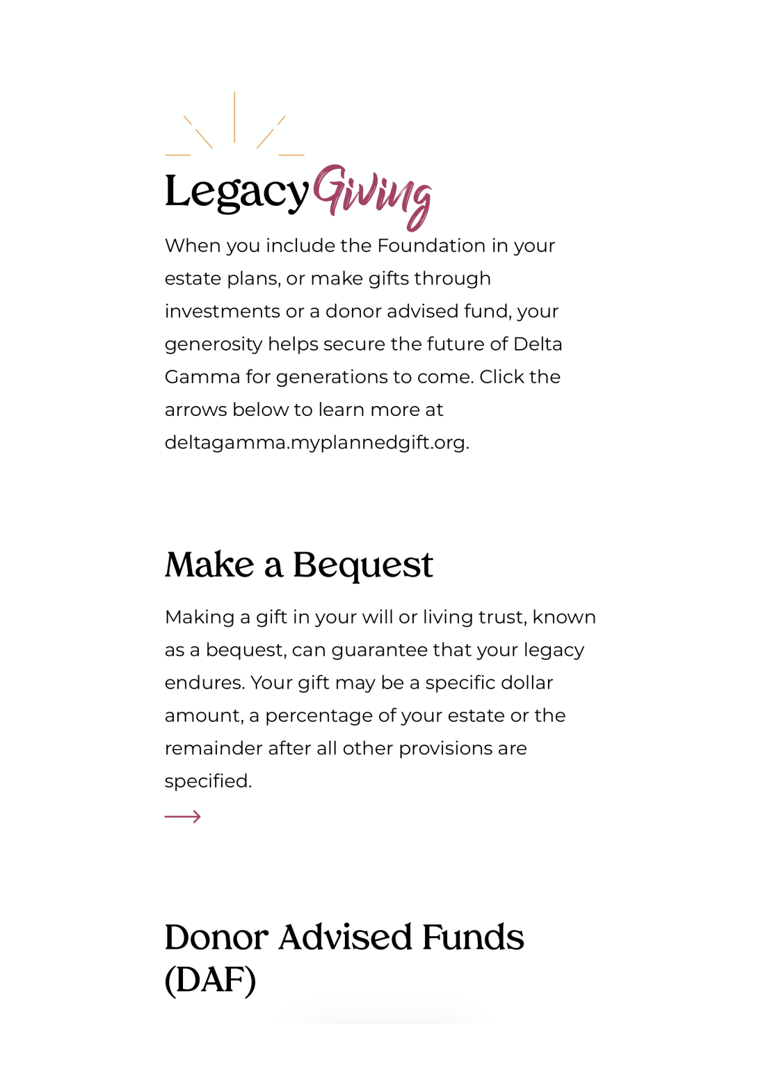 Mobile flat frame of donation page; Informational image about Legacy Giving. Highlights include making a bequest and donor advised funds, with emphasis on securing Delta Gamma's future.