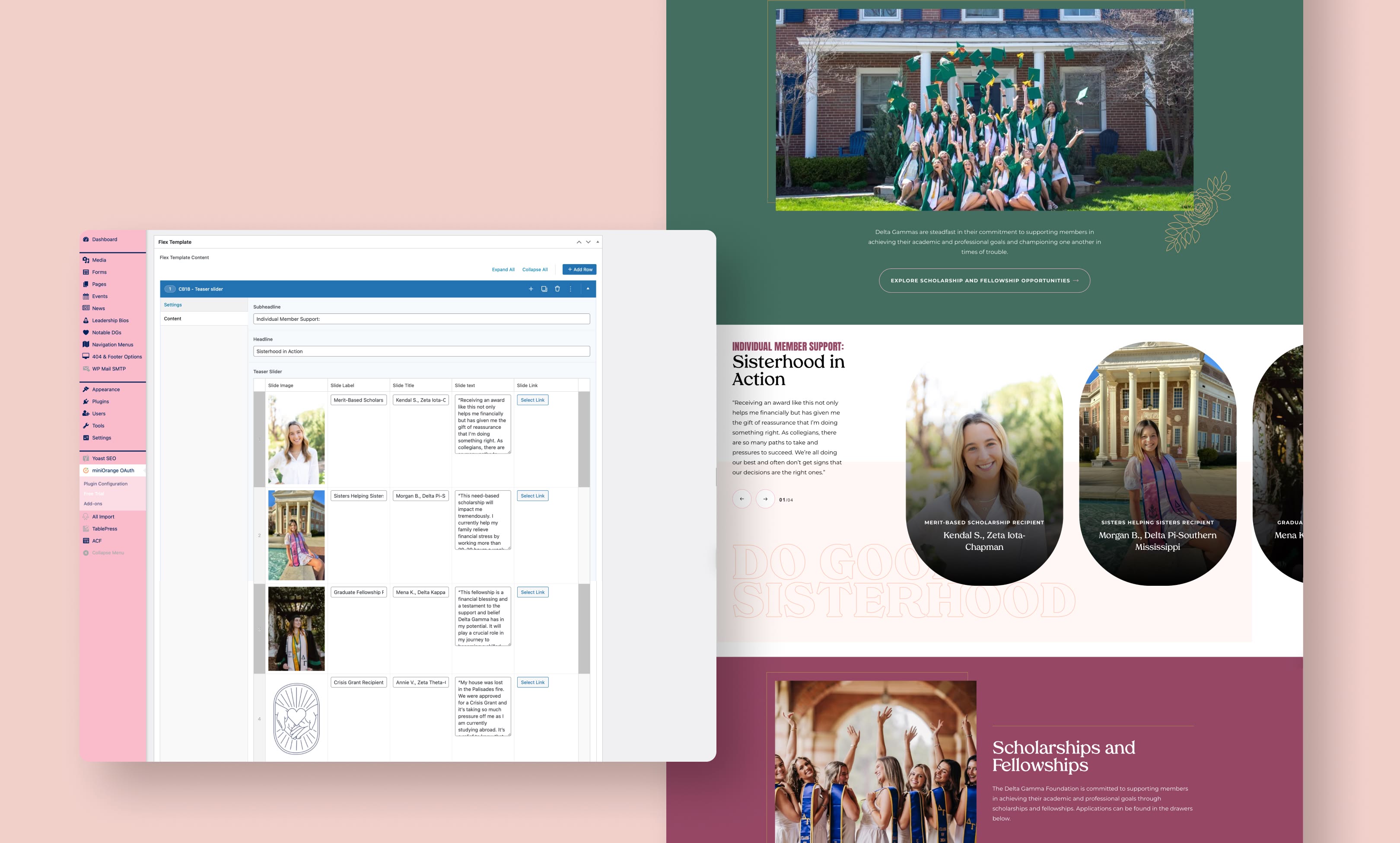 Split-screen image displaying a website on the right with women celebrating in academic regalia, and a webpage design interface on the left, on a pink background.
