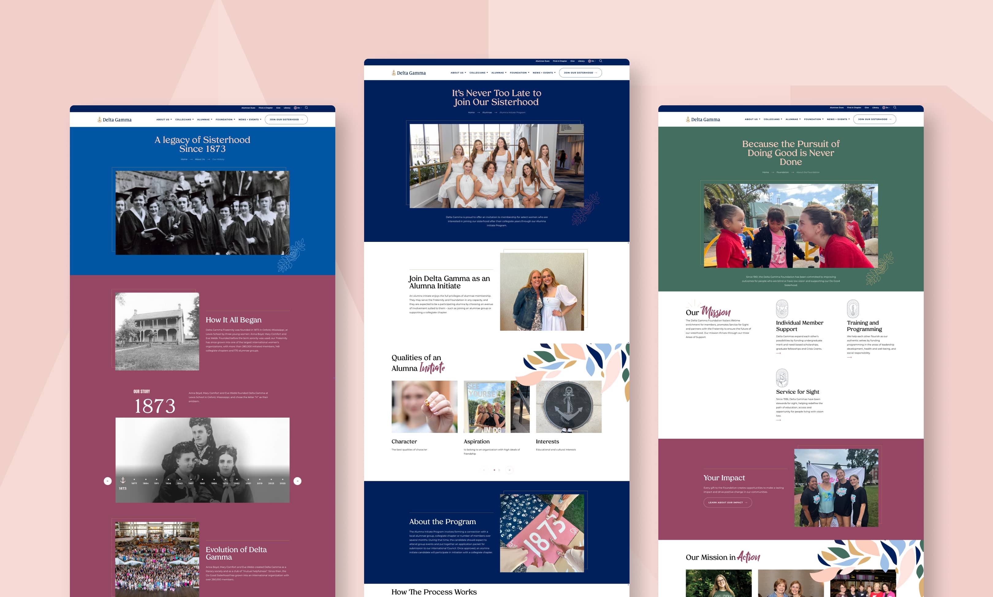 Three webpage designs displayed side by side, featuring sisterhood and community themes with images of women and text in blue, maroon, and green sections.
