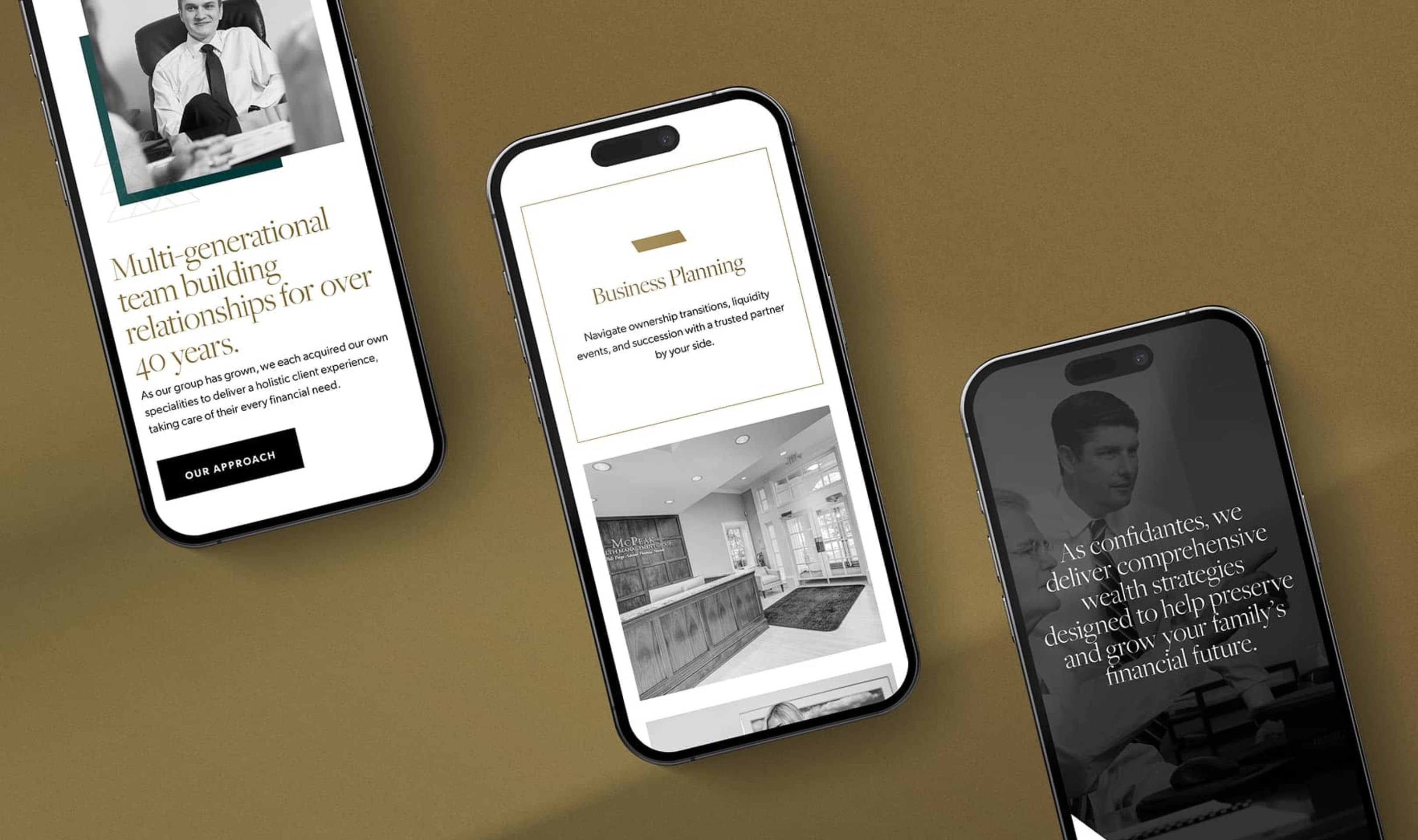 Phone mockup of multiple McPeak pages on a gold grained background