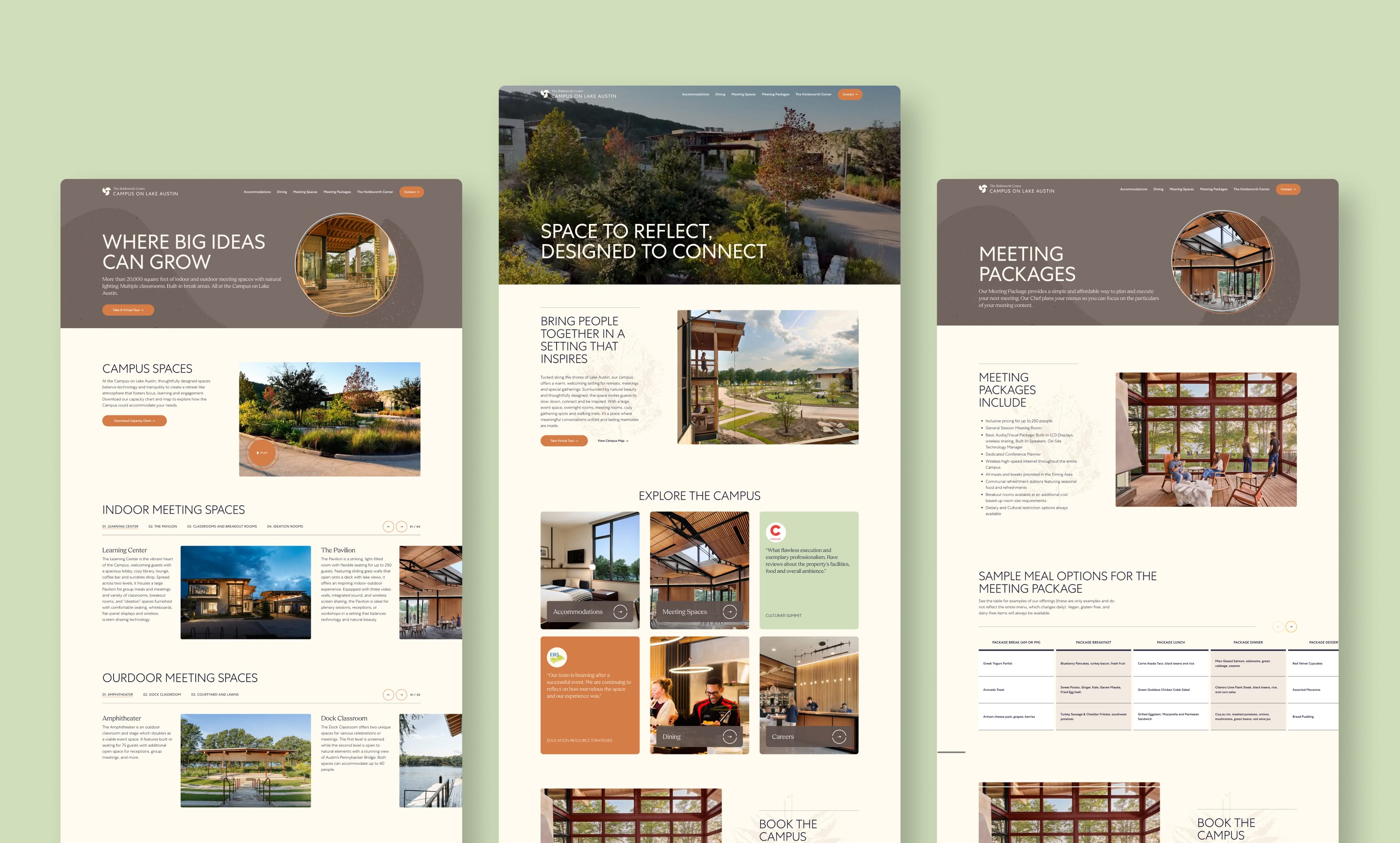 Three cohesive webpage designs on a soft green background showcasing a serene retreat space. Features include campus photos, meeting packages, and facility details, conveying tranquility and inspiration.
