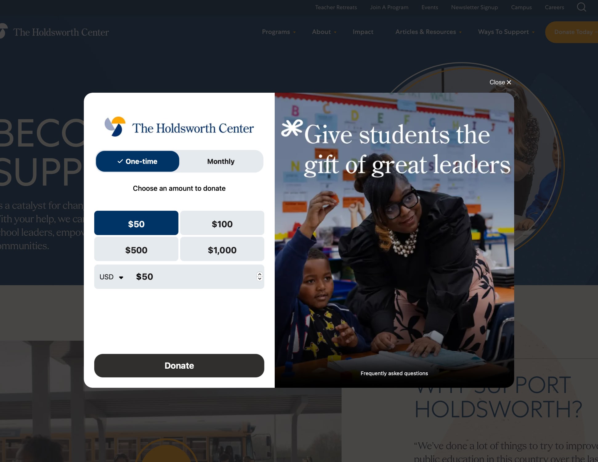 Donation pop-up for The Holdsworth Center with options for one-time or monthly contributions. Background shows a teacher encouraging a student with the text, 'Give students the gift of great leaders.'