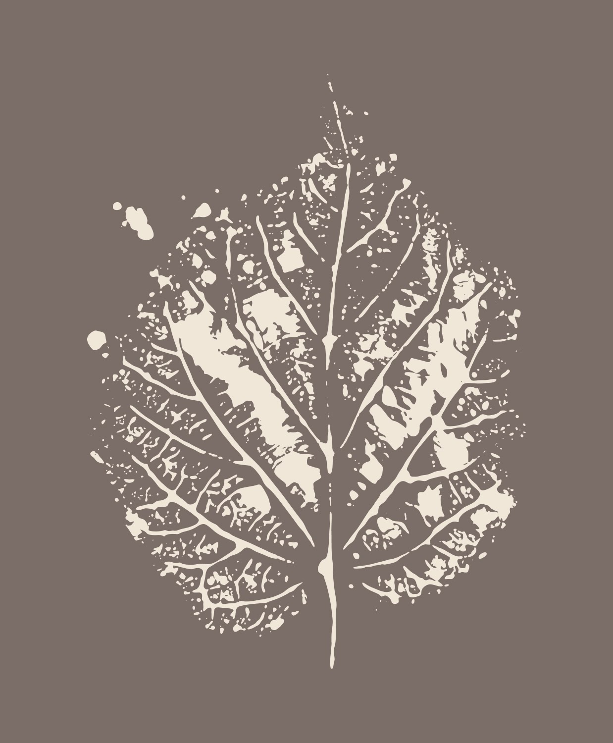 Stylized leaf print with detailed veins, in beige on a taupe background. The leaf's intricate patterns create an organic, earthy feel.