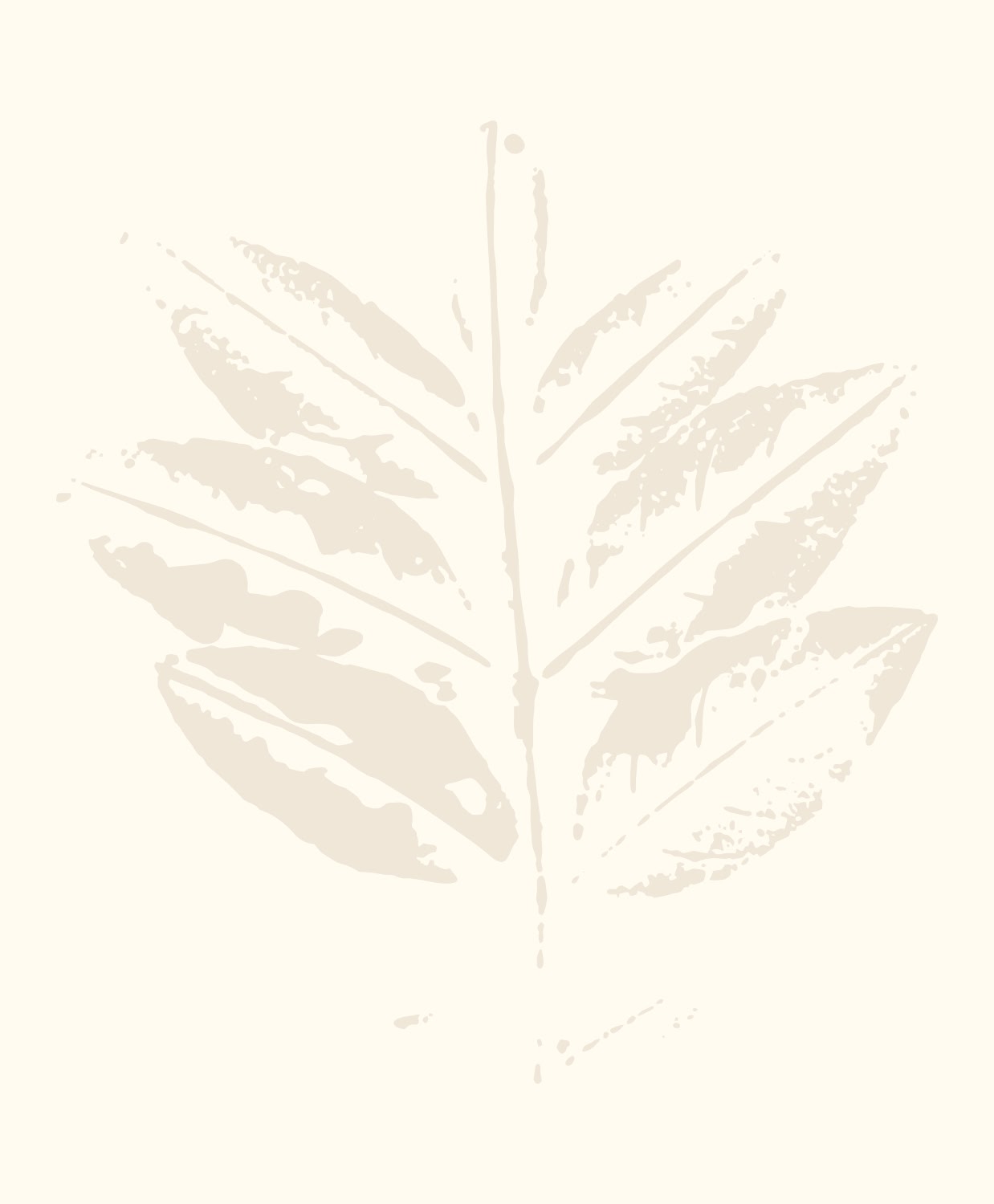 Minimalist beige leaf print on a light cream background, featuring a symmetrical leaf with textured, faded edges, creating a tranquil, natural feel.