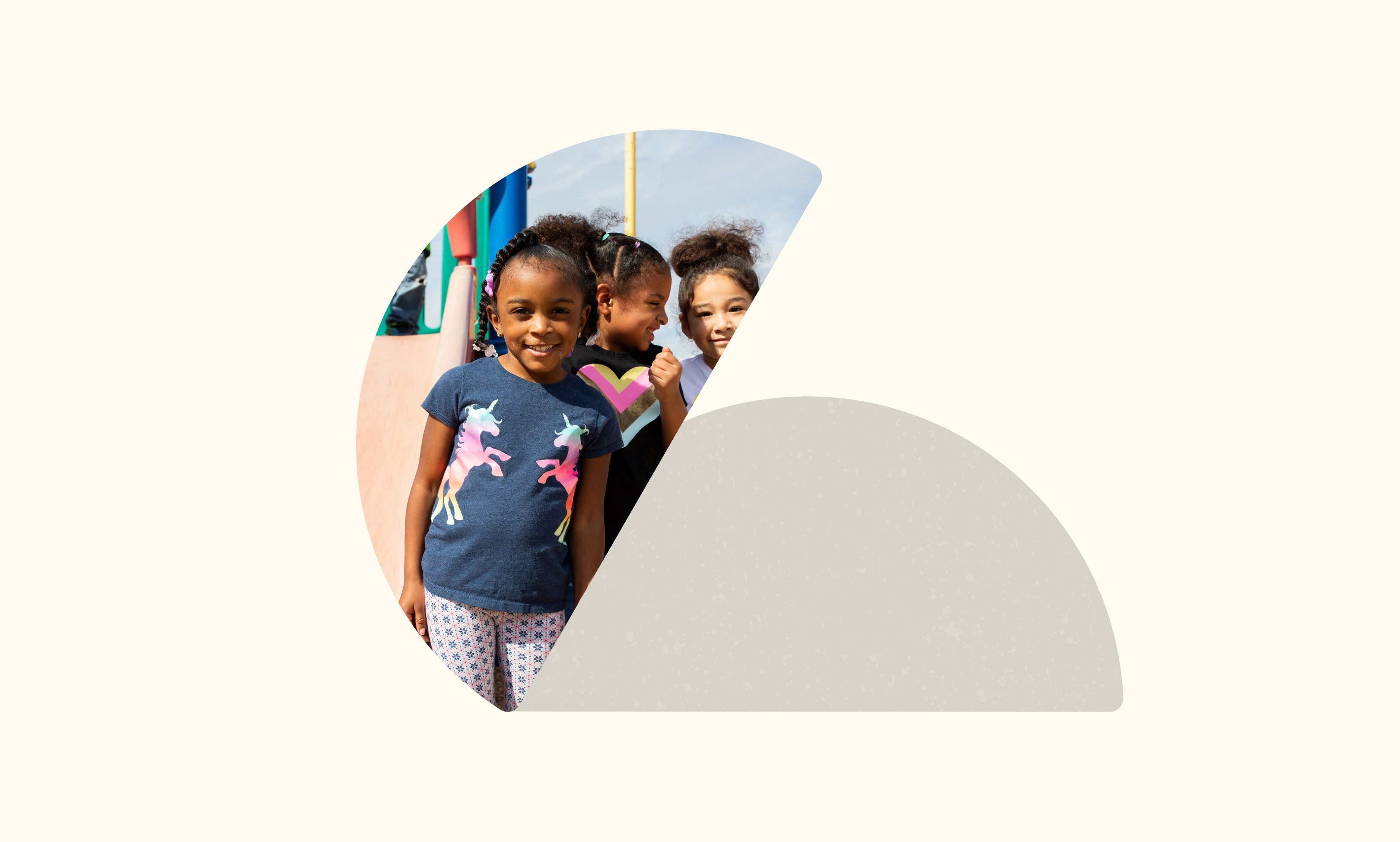 Young children happily playing outside at a playground, featuring colorful equipment. They exude joy and friendship, framed by a playful semicircle design.