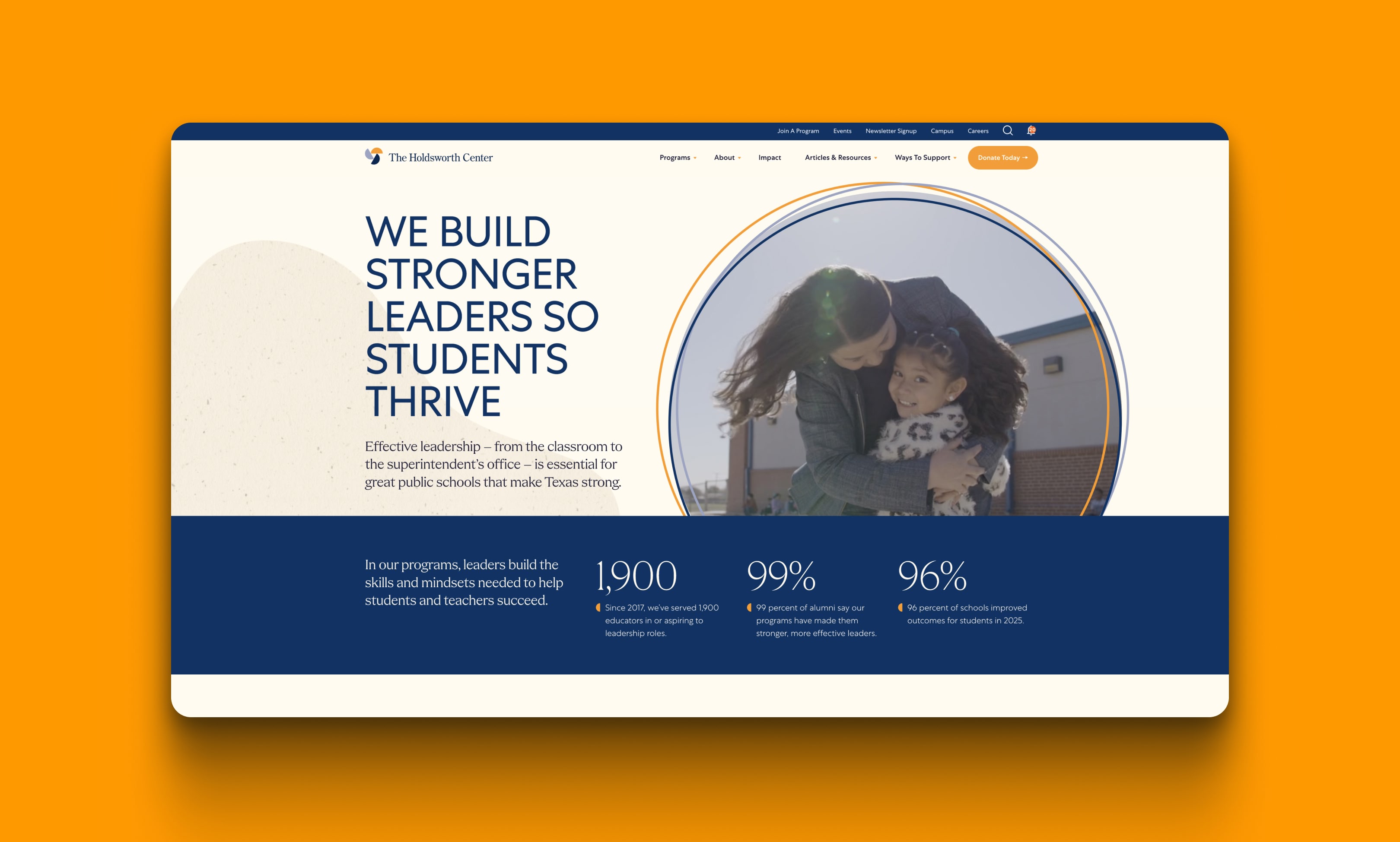 Website homepage featuring a mother hugging her child, accompanied by the text 'We Build Stronger Leaders So Students Thrive.' The page highlights leadership importance and includes statistics: 1,900 graduates since 2005, 99% program satisfaction, and 96% improved student achievement. The design uses a blue and orange color scheme with a focus on community impact.