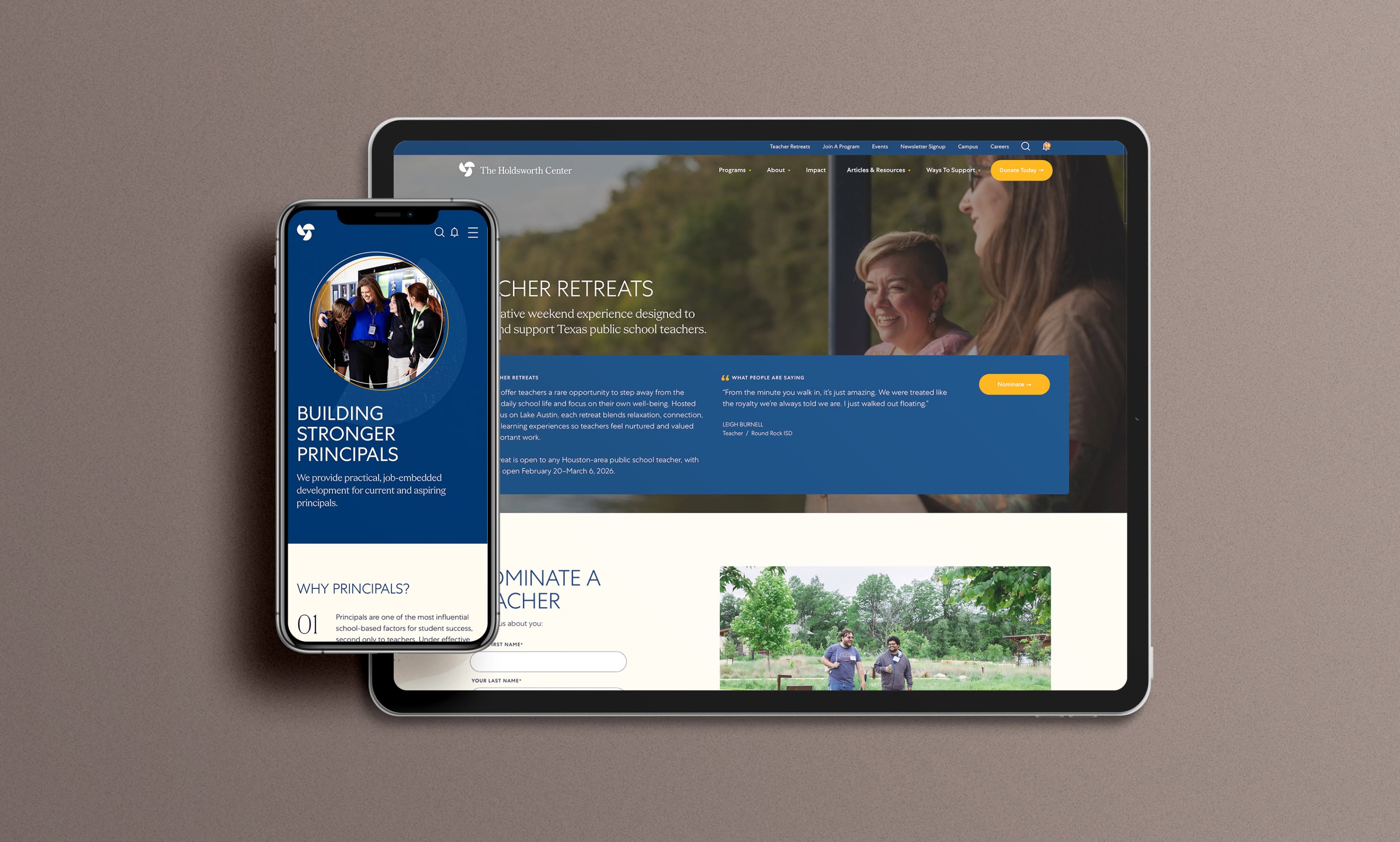 Tablet and smartphone displaying an educational website. The tablet shows a smiling teacher under 